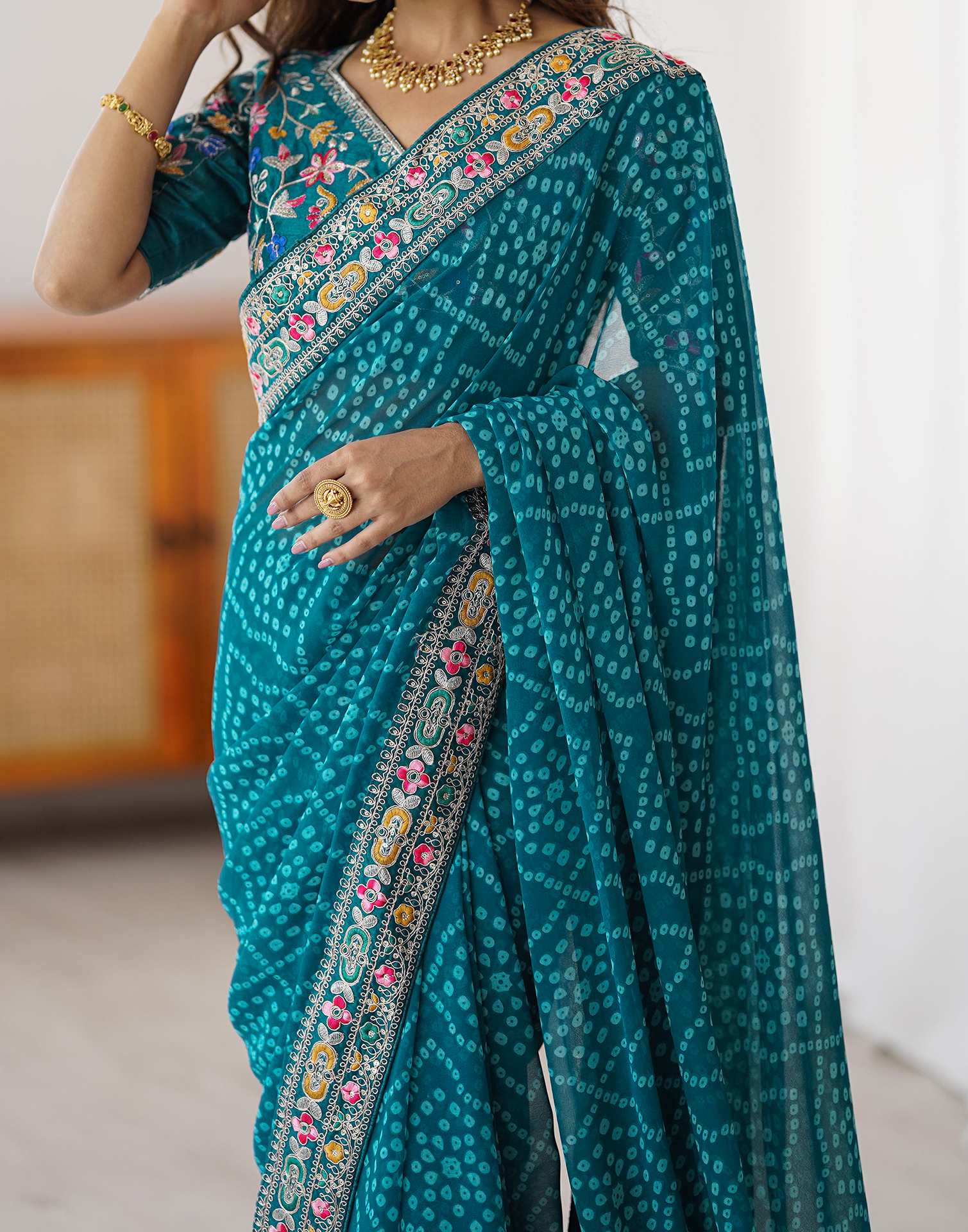 Blue Georgette Printed Bandhani Saree