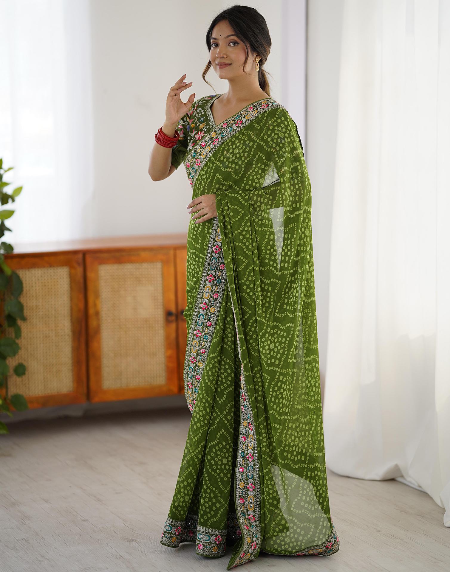 Green Georgette Printed Bandhani Saree
