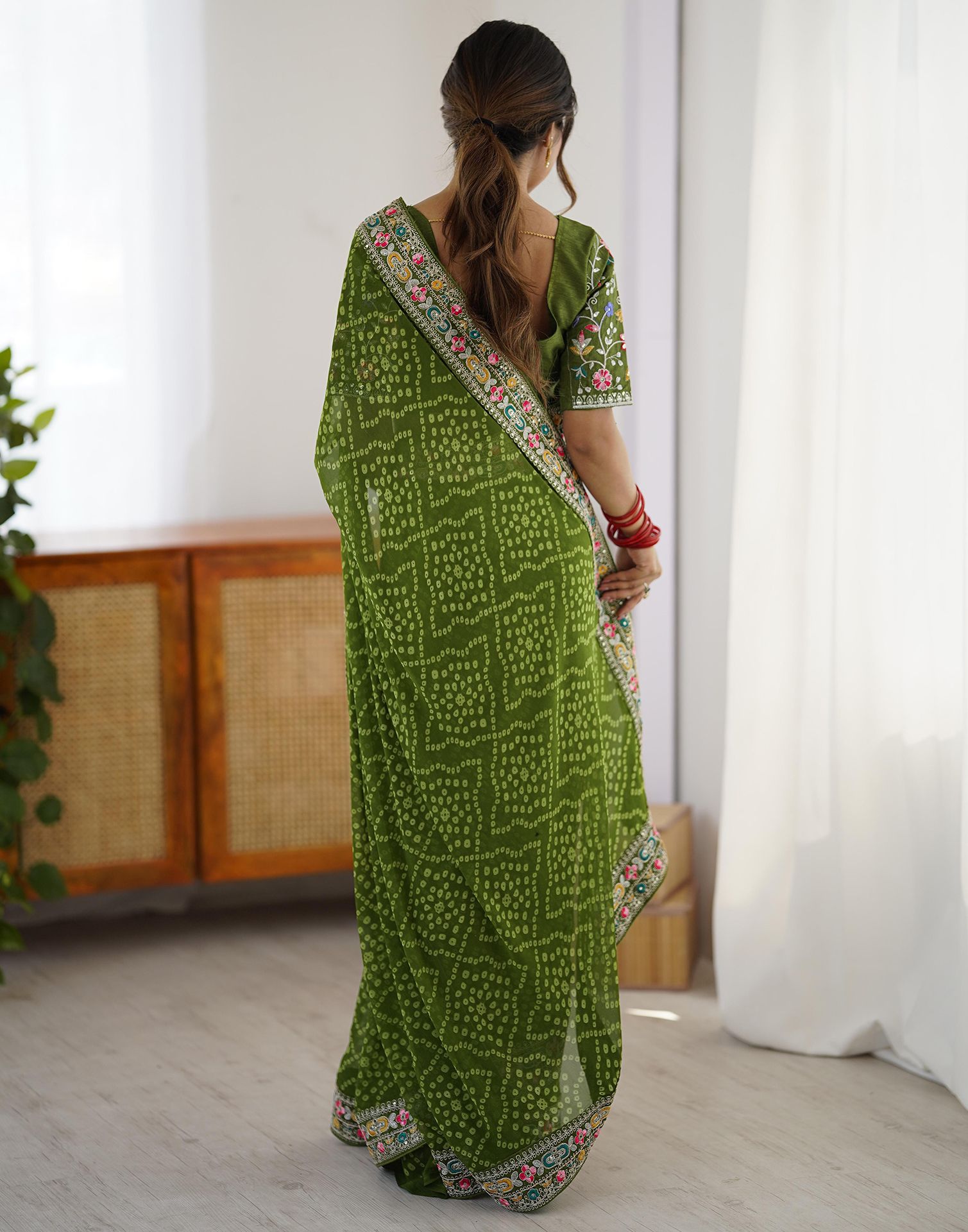 Green Georgette Printed Bandhani Saree