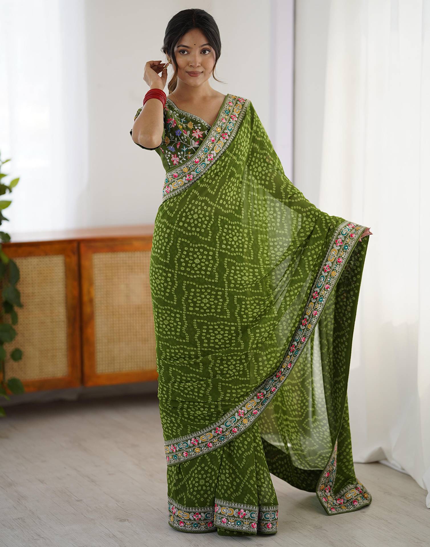 Green Georgette Printed Bandhani Saree