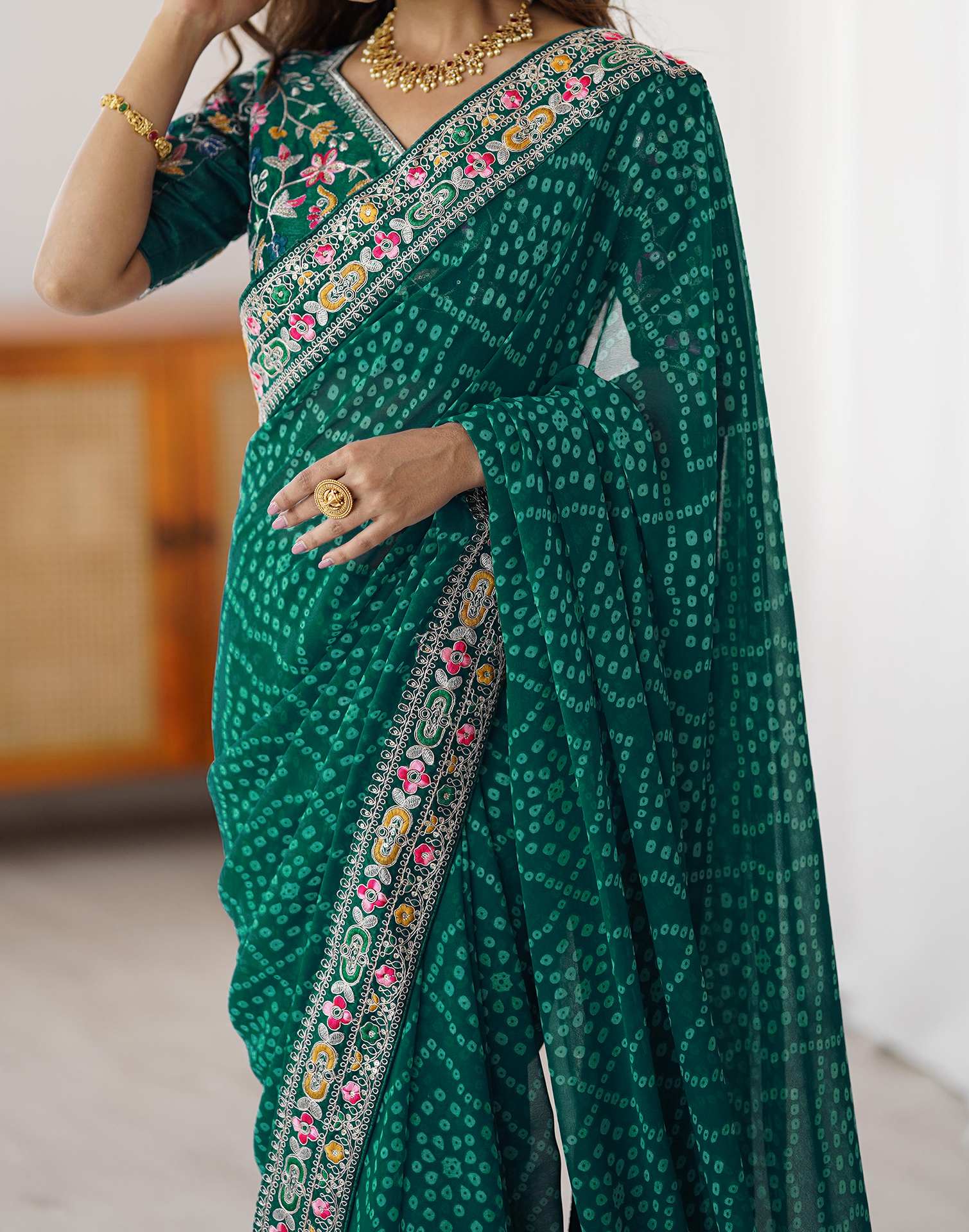 Green Georgette Printed Bandhani Saree