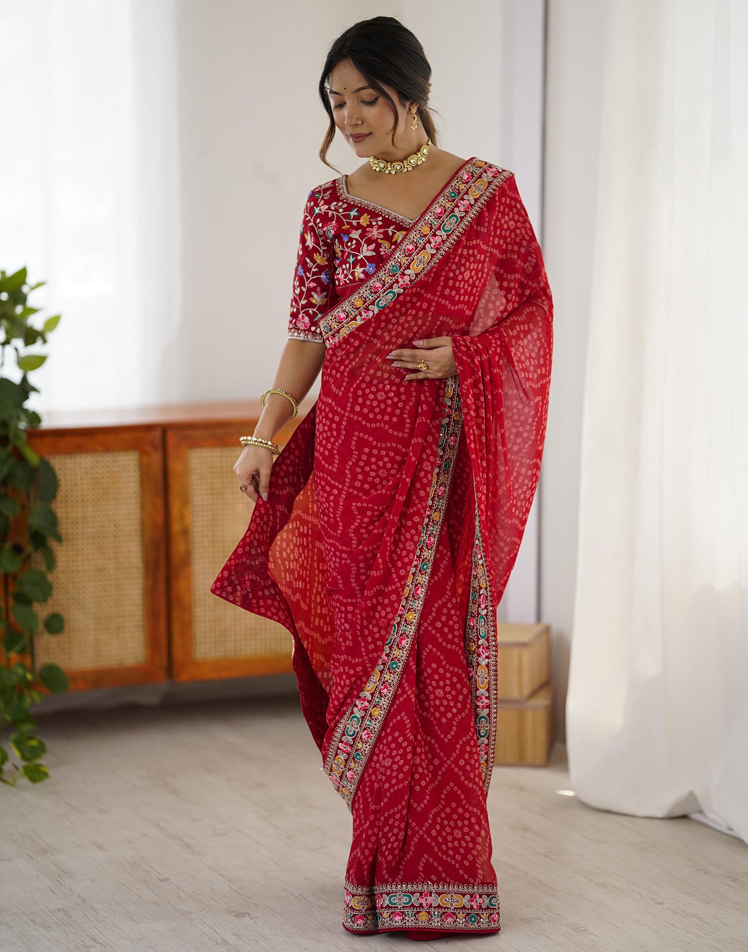 Red Georgette Printed Bandhani Saree