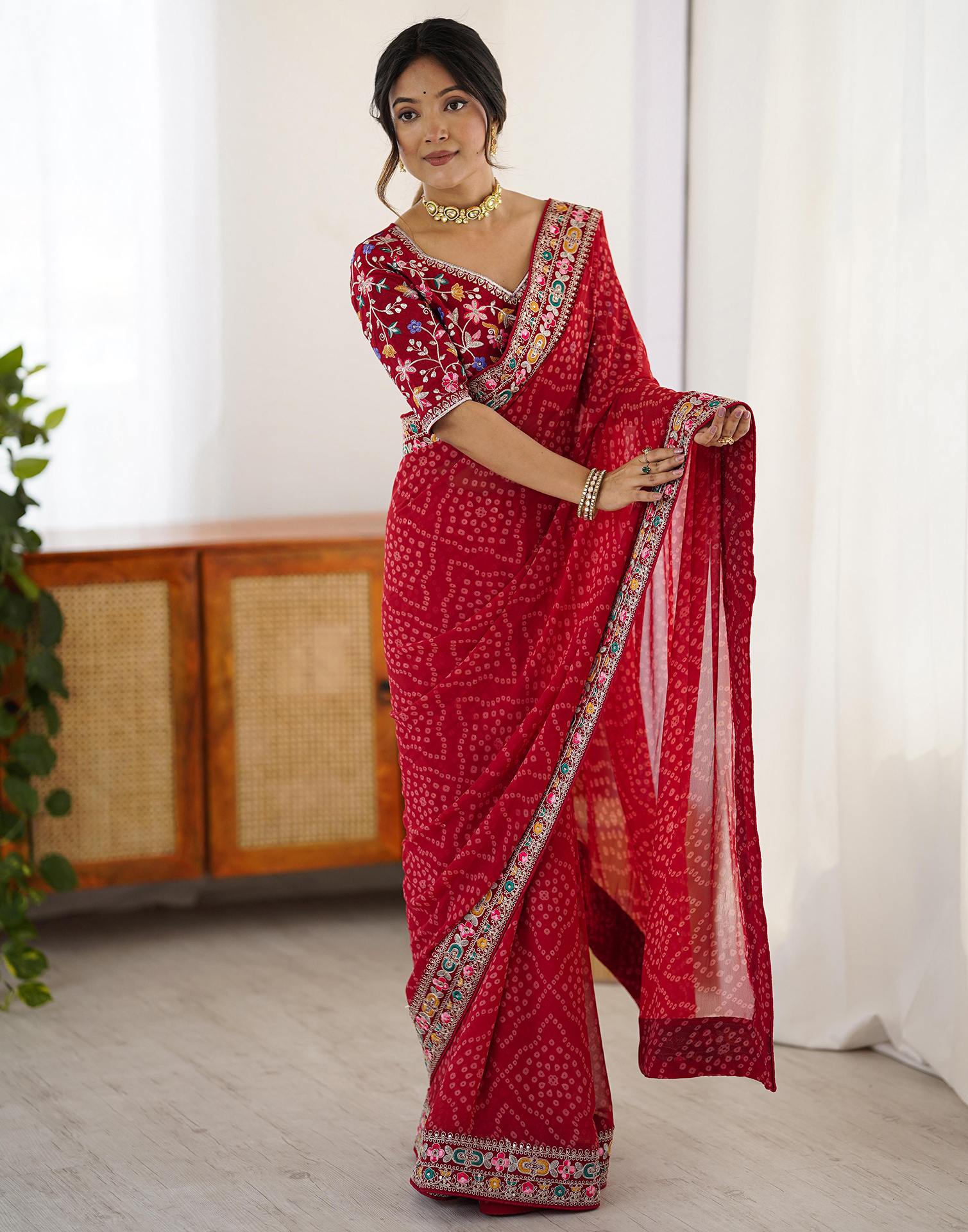 Red Georgette Printed Bandhani Saree