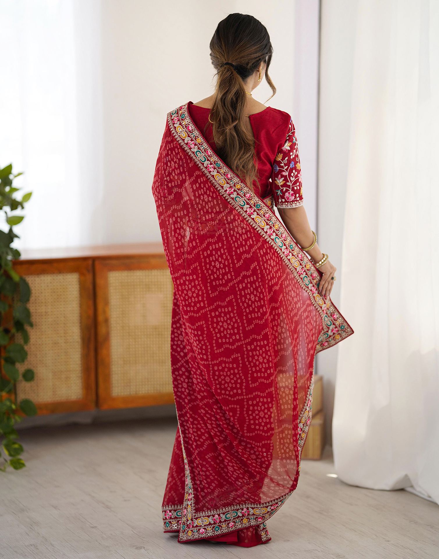 Red Georgette Printed Bandhani Saree