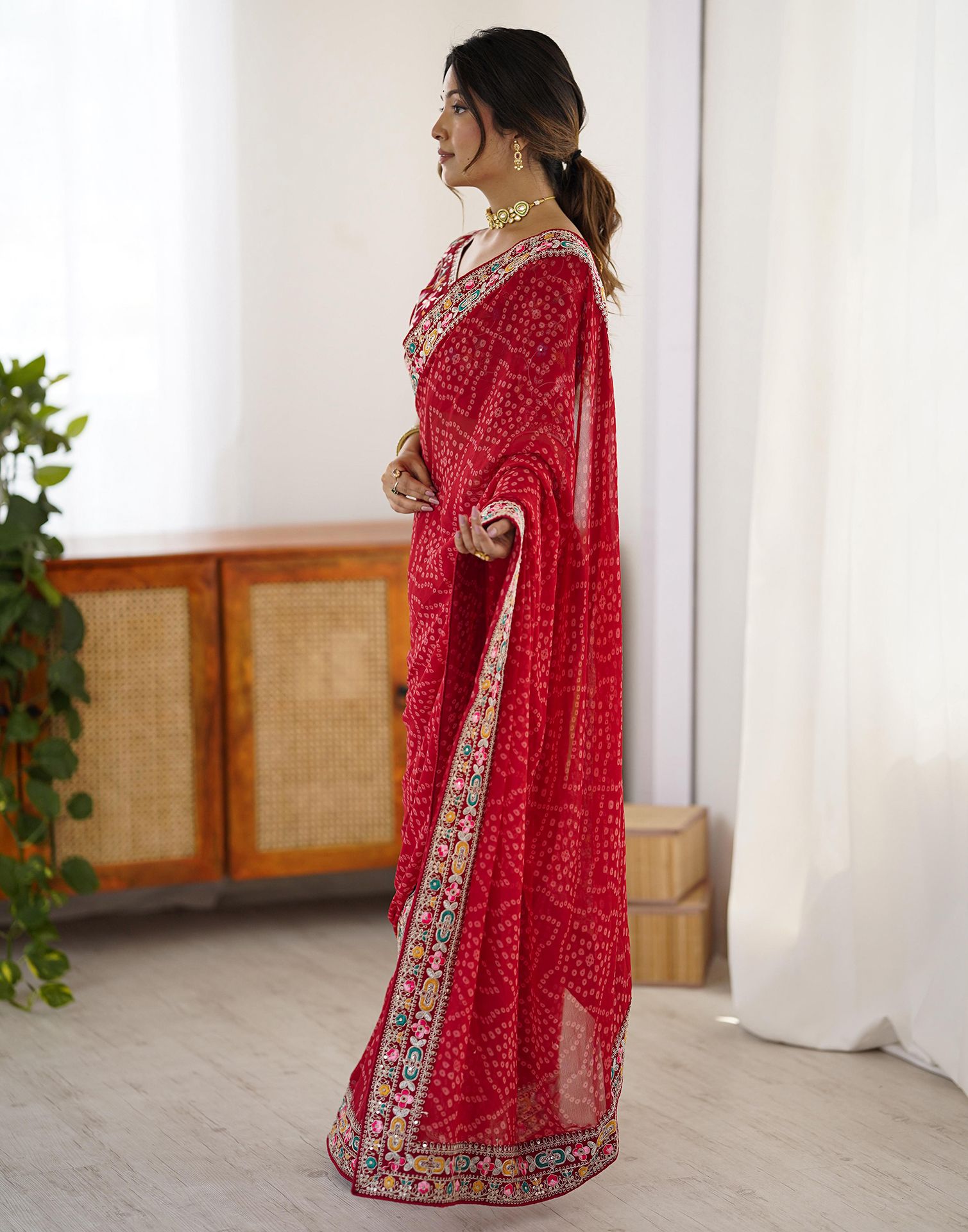 Red Georgette Printed Bandhani Saree
