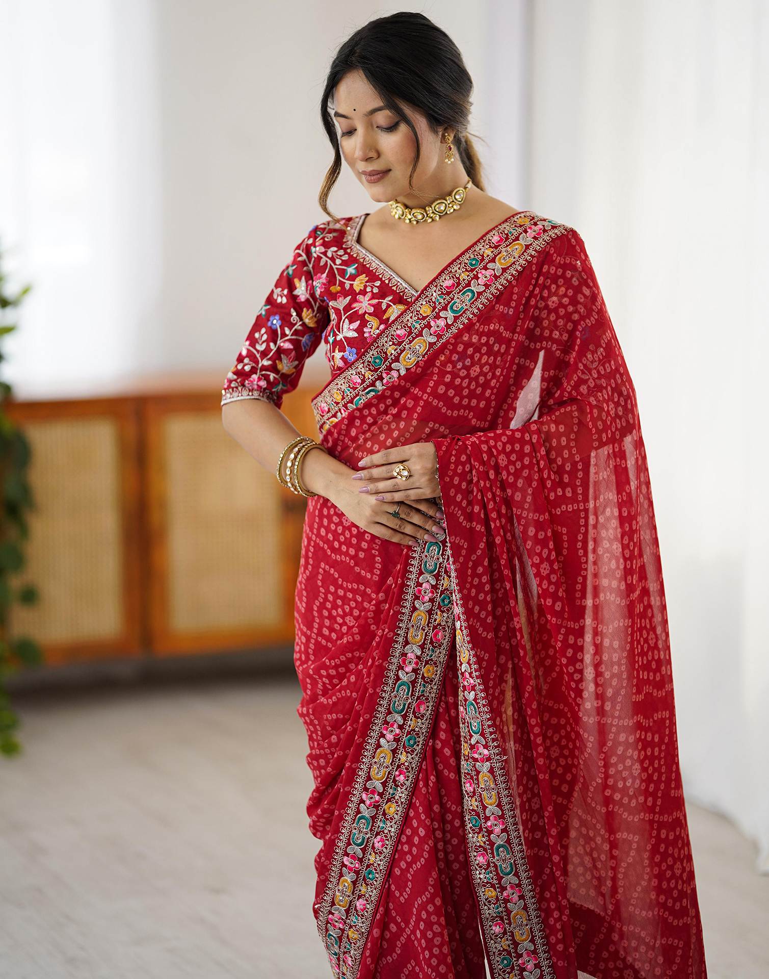 Red Georgette Printed Bandhani Saree