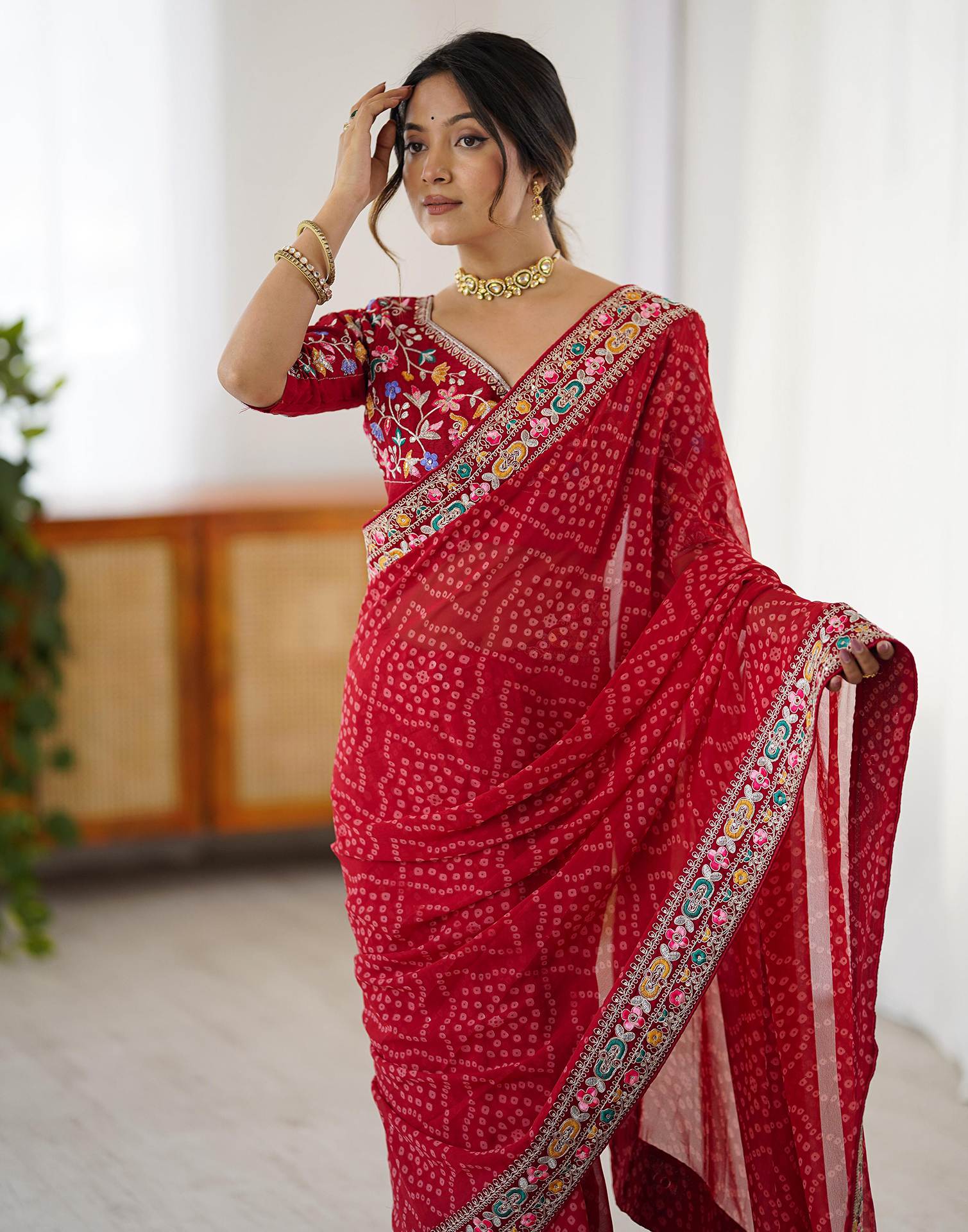 Red Georgette Printed Bandhani Saree