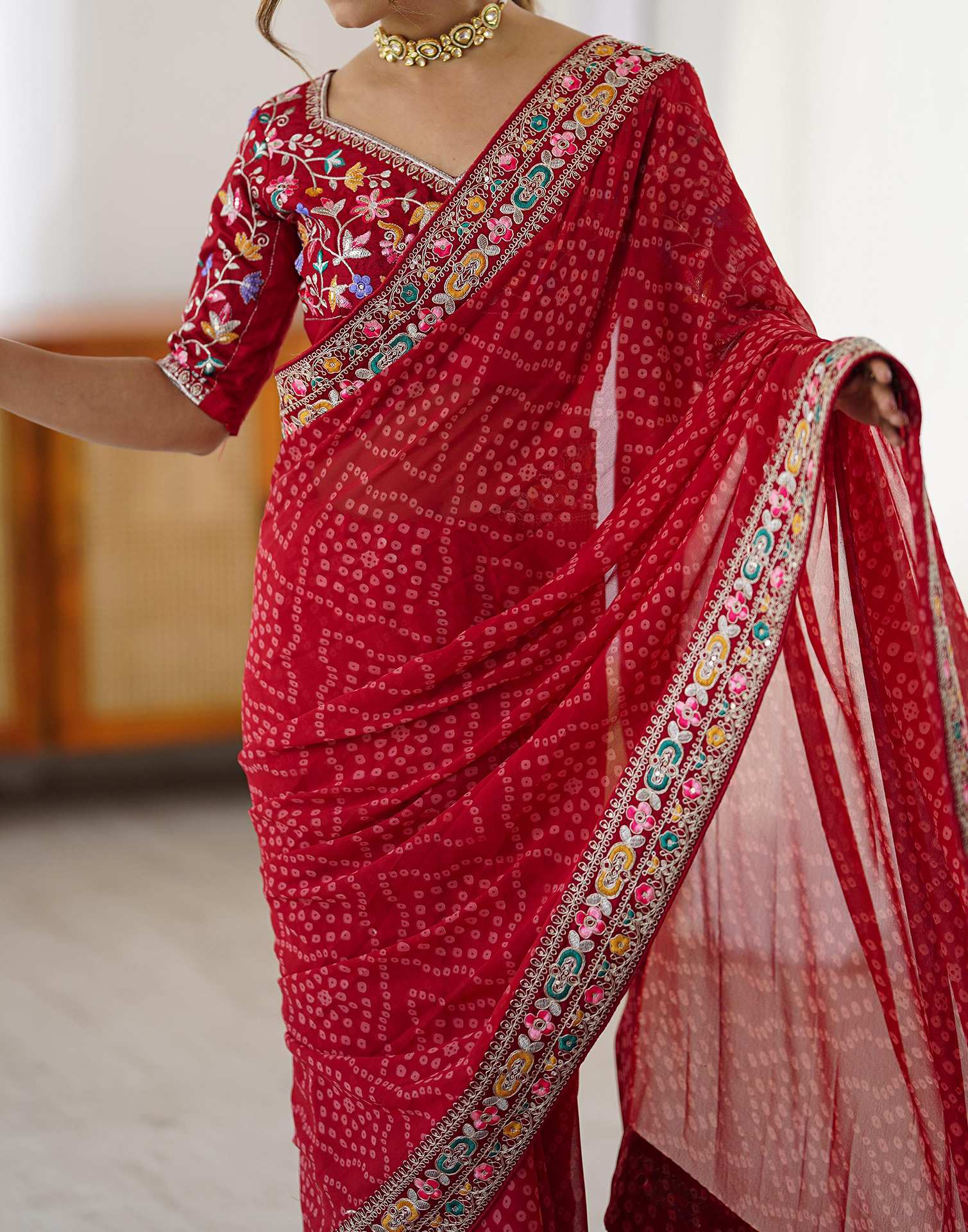 Red Georgette Printed Bandhani Saree