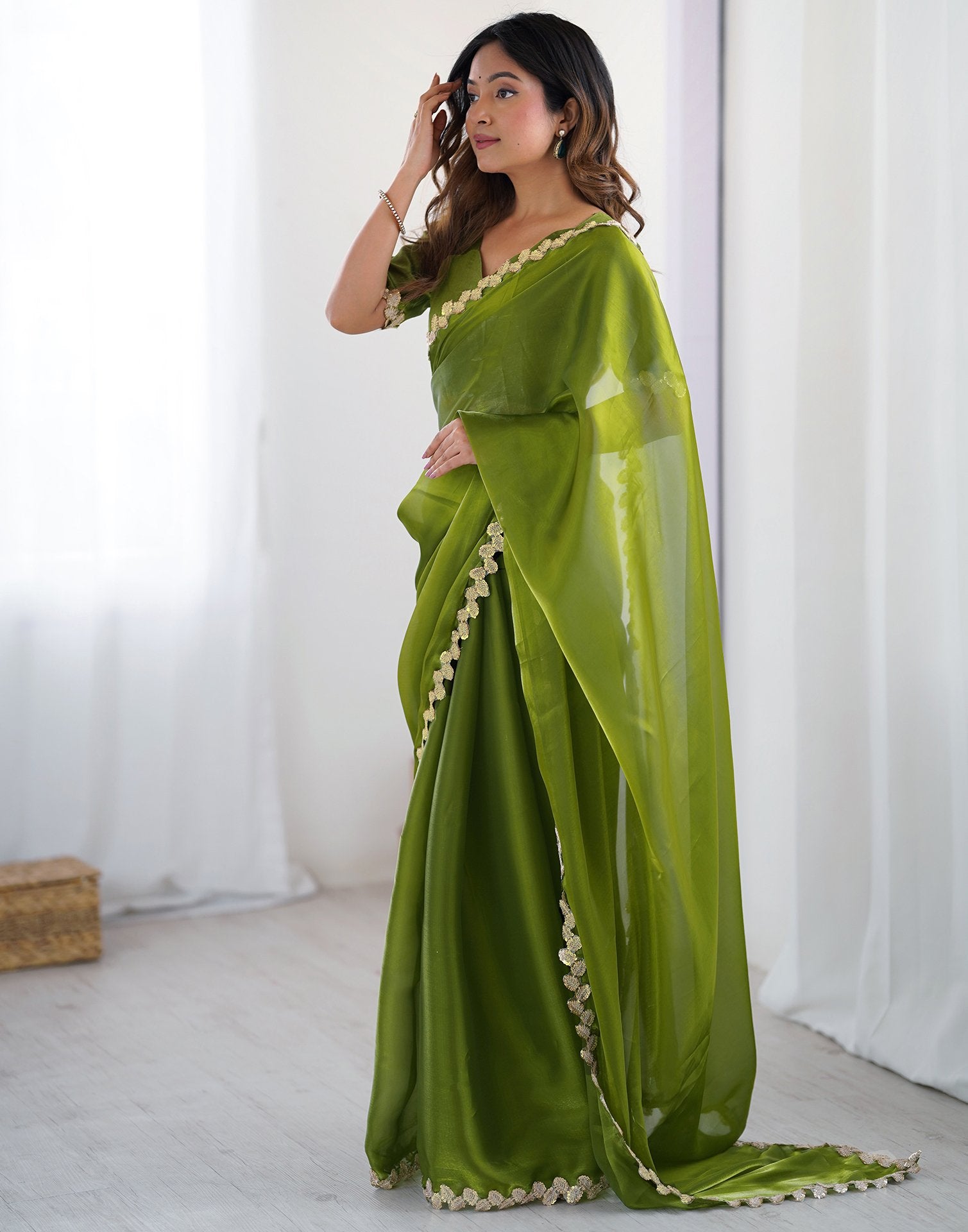 Green Tissue Silk Embroidery Lace Saree