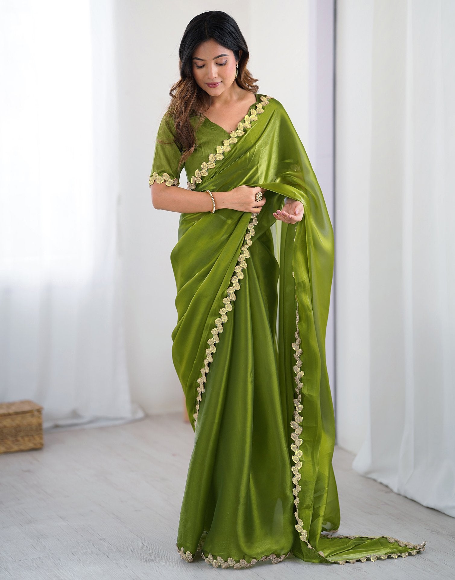 Green Tissue Silk Embroidery Lace Saree