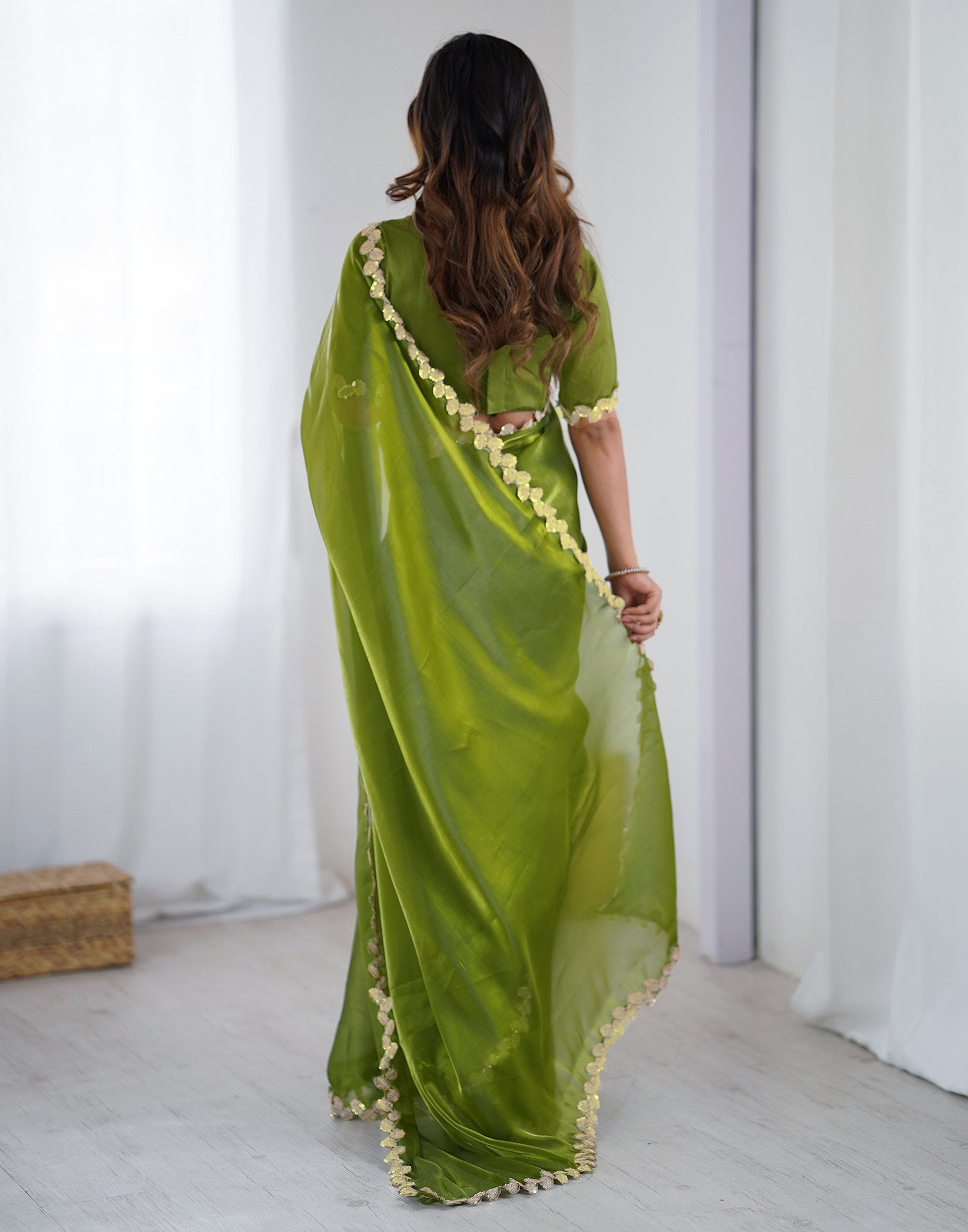 Green Tissue Silk Embroidery Lace Saree