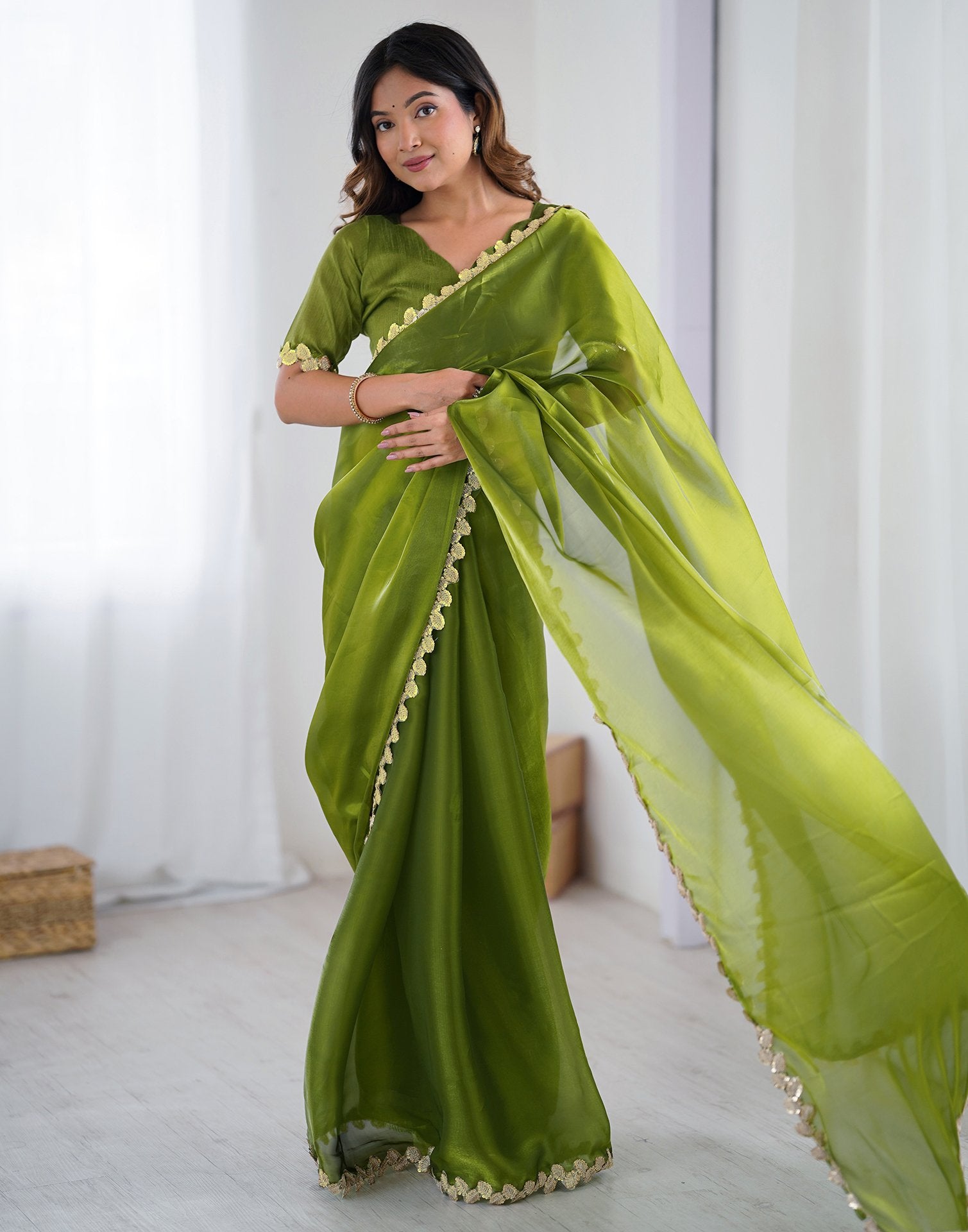 Green Tissue Silk Embroidery Lace Saree