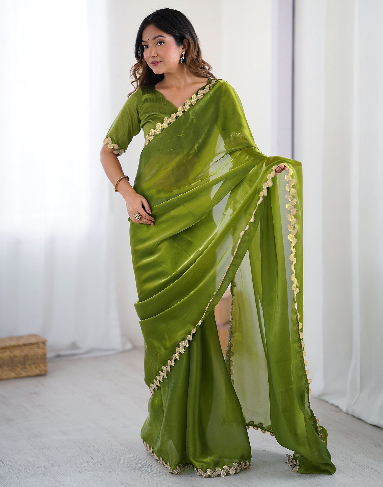 Green Tissue Silk Embroidery Lace Saree