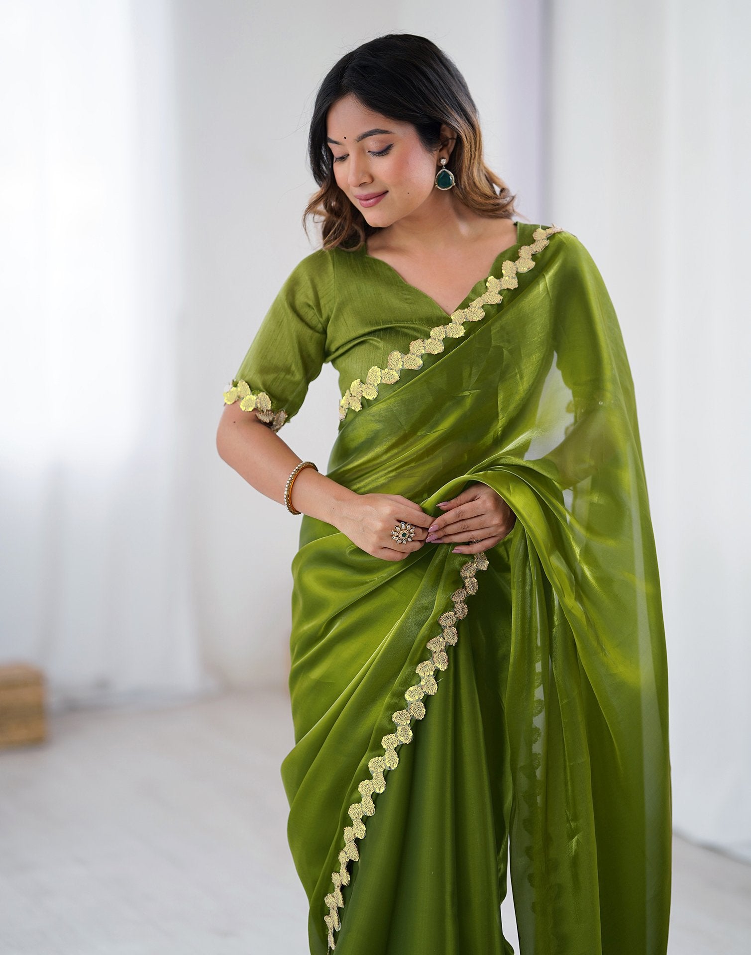 Green Tissue Silk Embroidery Lace Saree