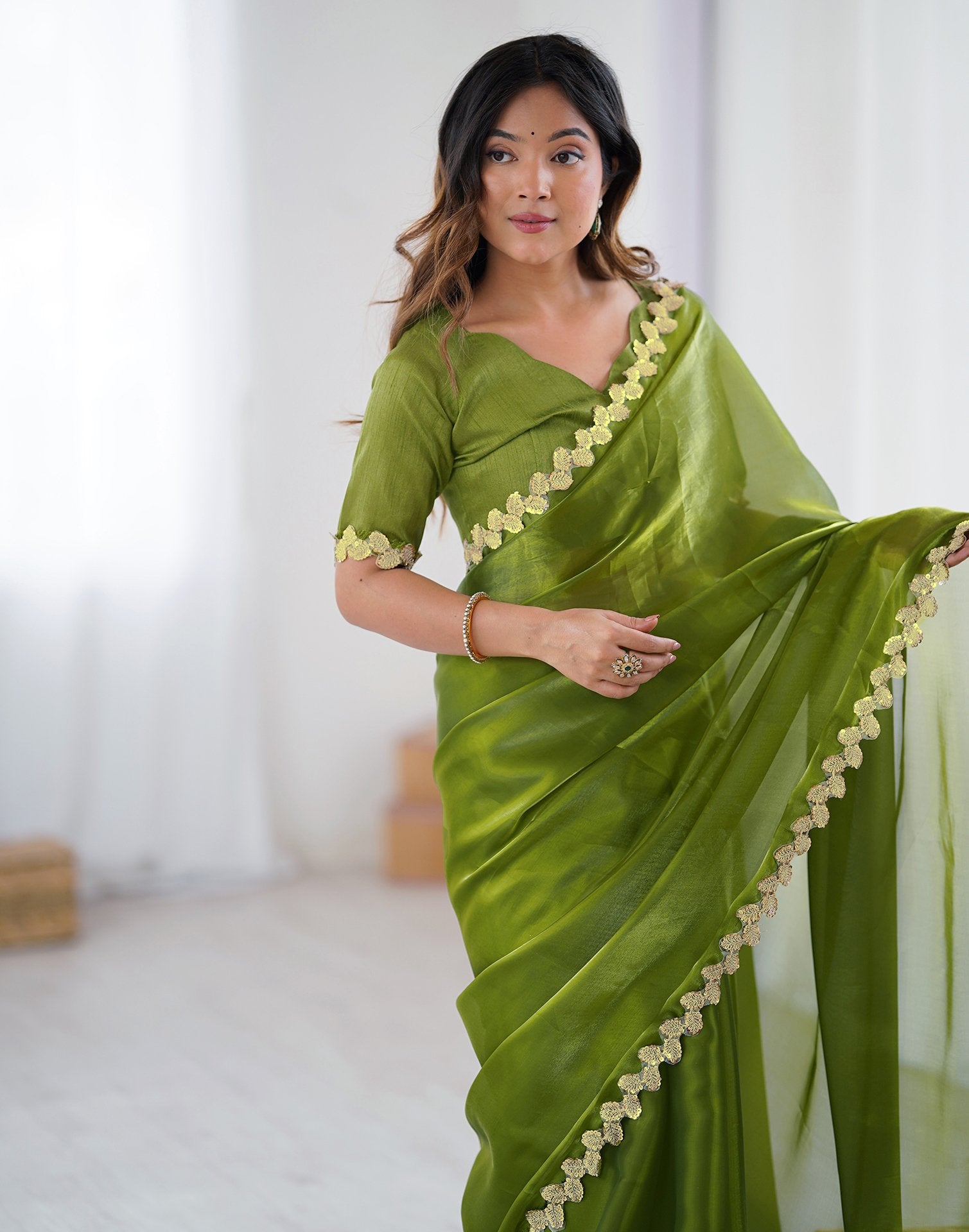 Green Tissue Silk Embroidery Lace Saree