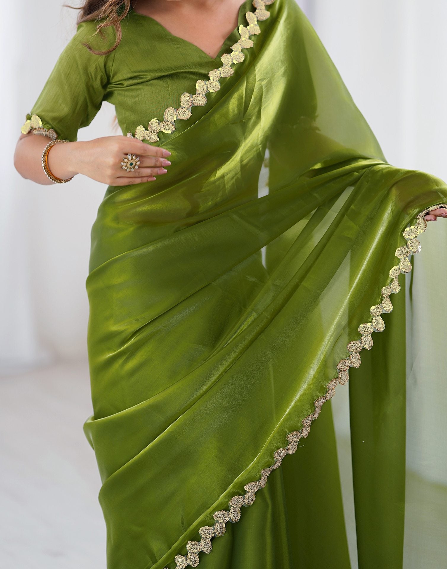 Green Tissue Silk Embroidery Lace Saree