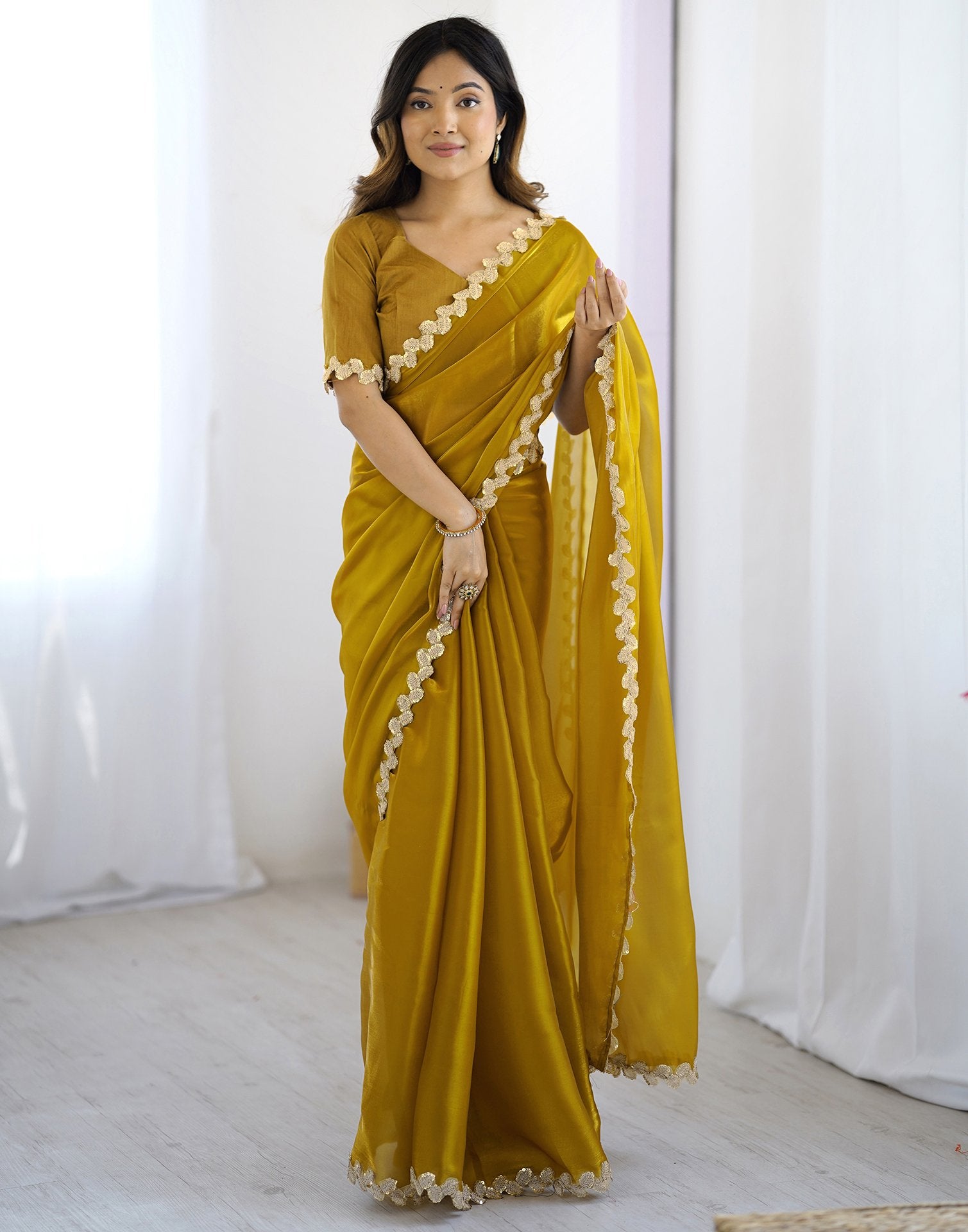 Yellow Tissue Silk Embroidery Lace Saree