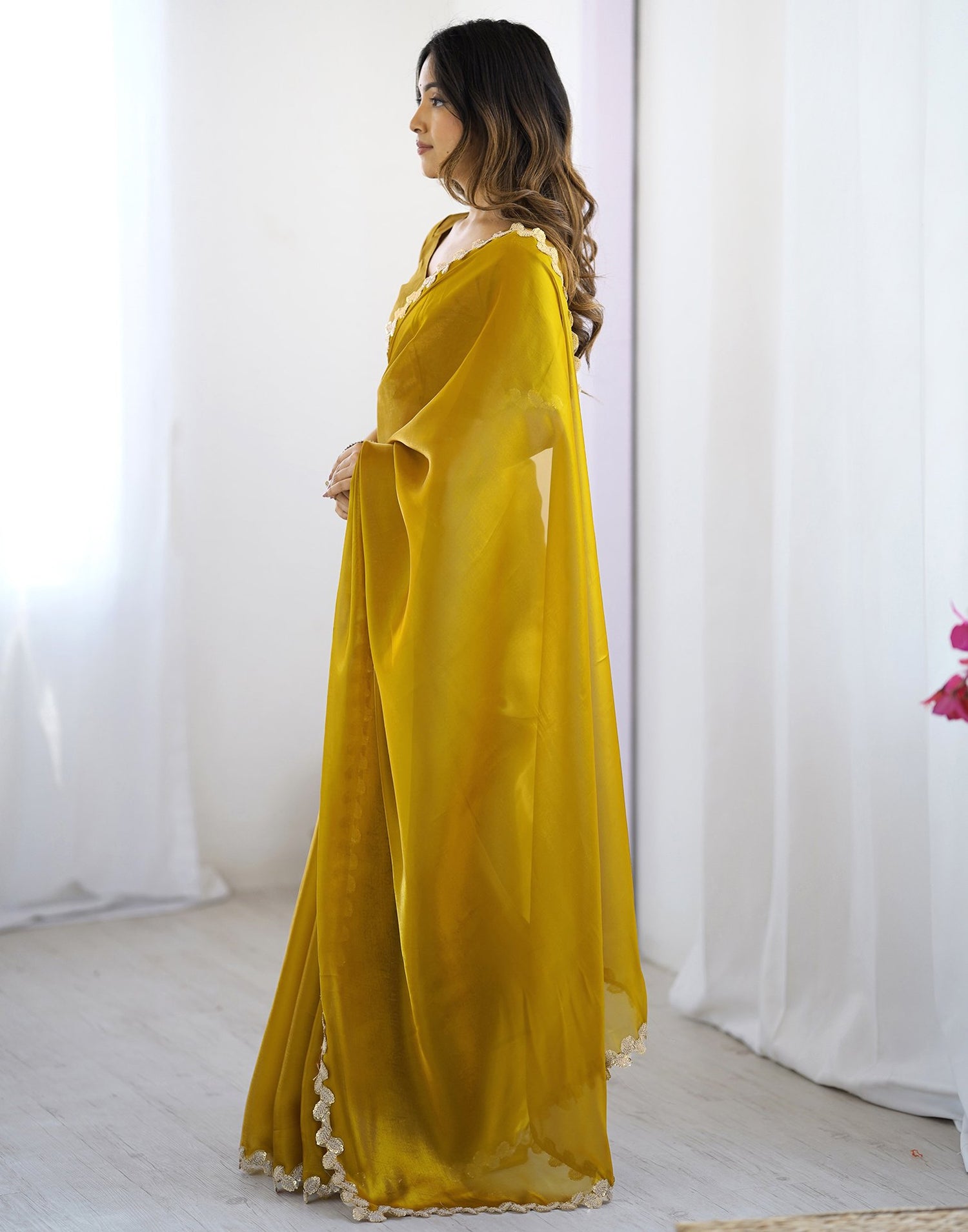 Yellow Tissue Silk Embroidery Lace Saree