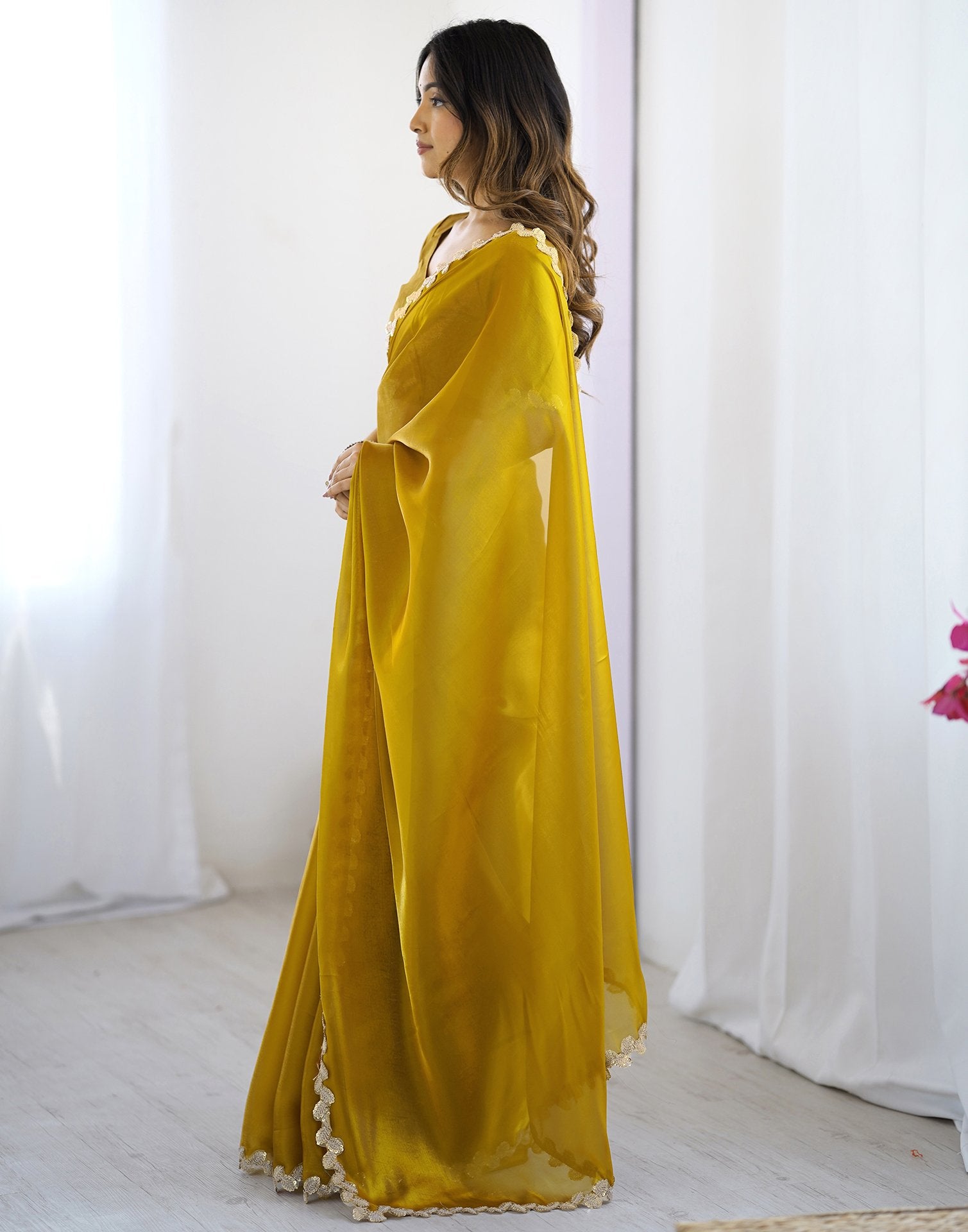 Yellow Tissue Silk Embroidery Lace Saree