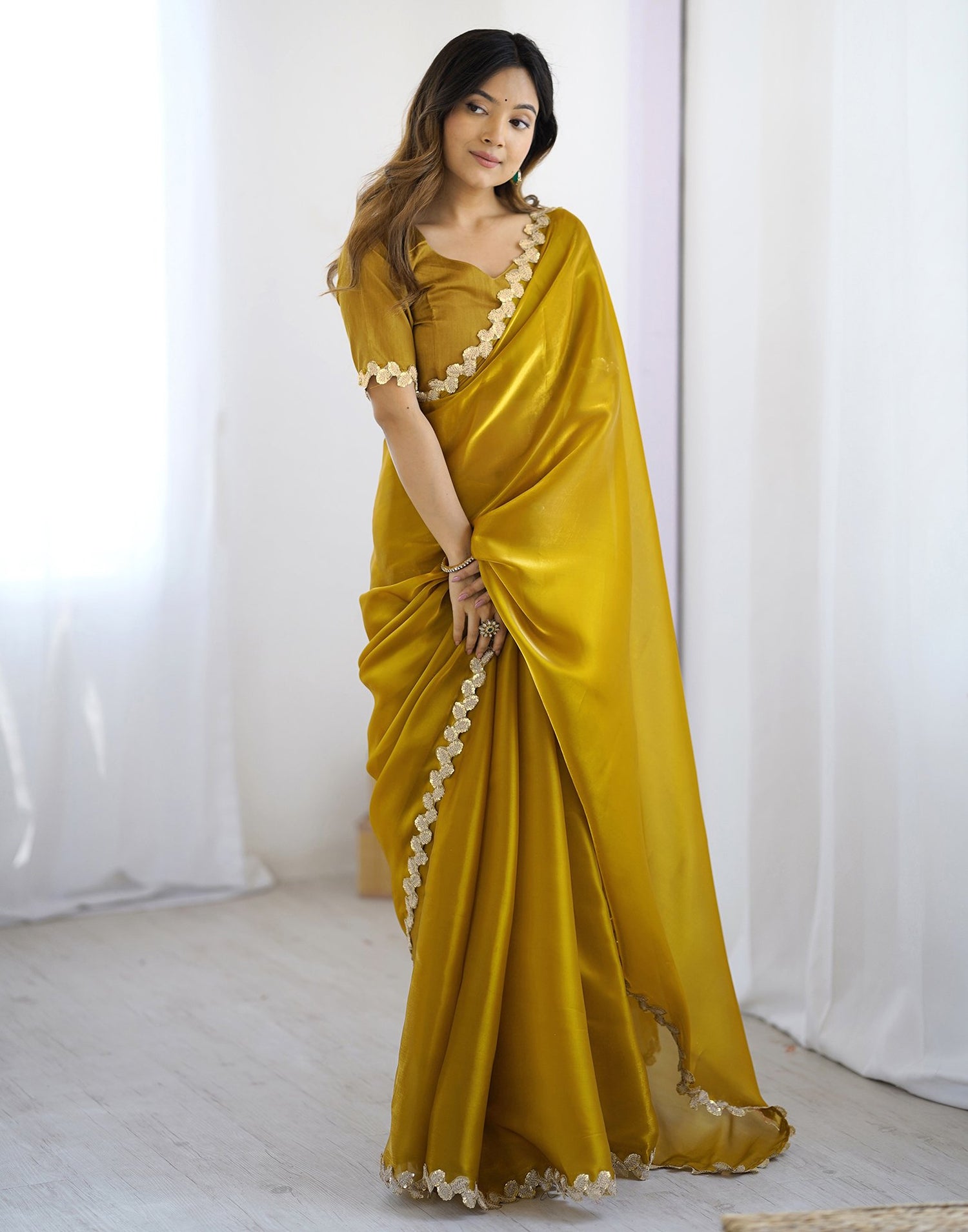 Yellow Tissue Silk Embroidery Lace Saree