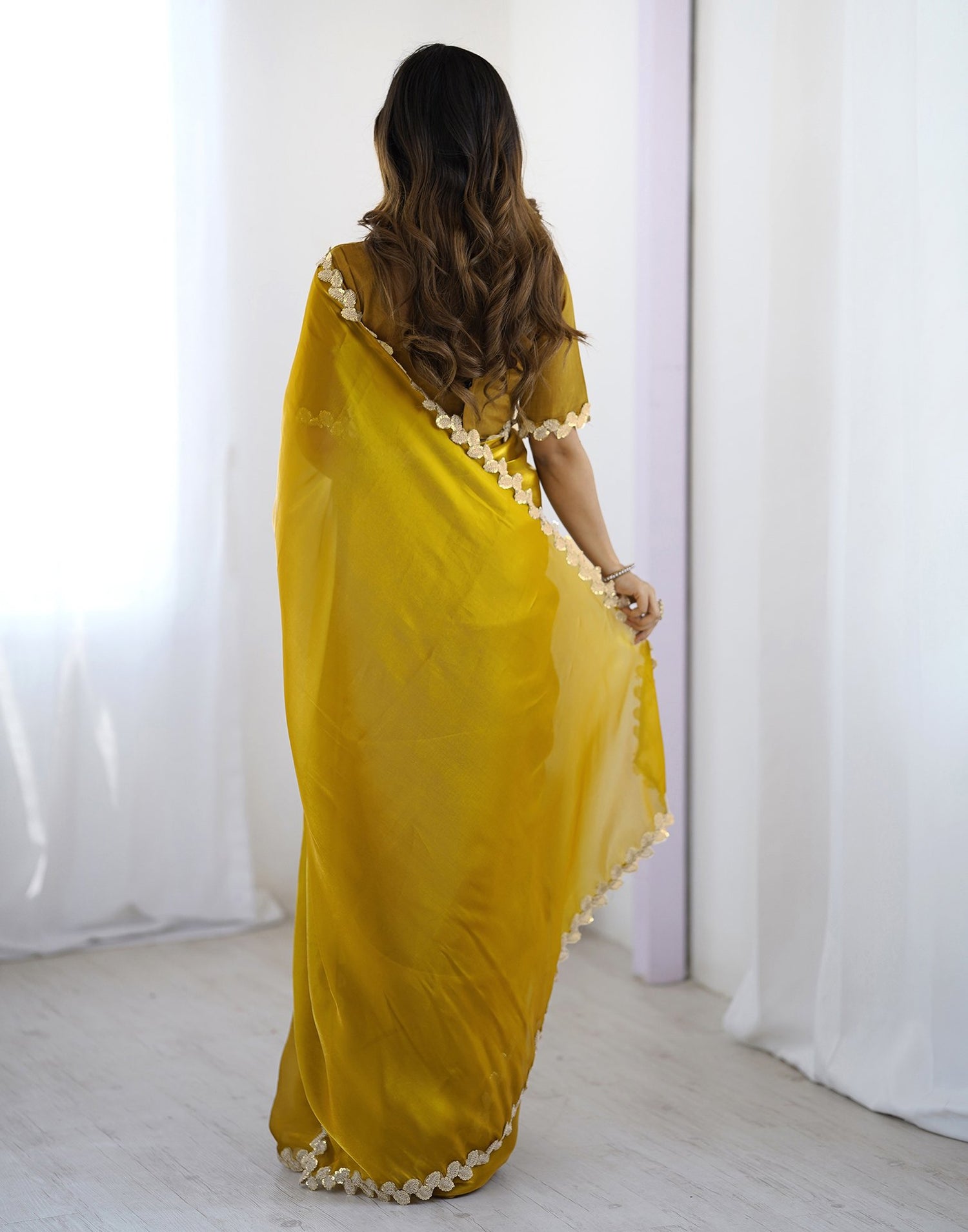 Yellow Tissue Silk Embroidery Lace Saree
