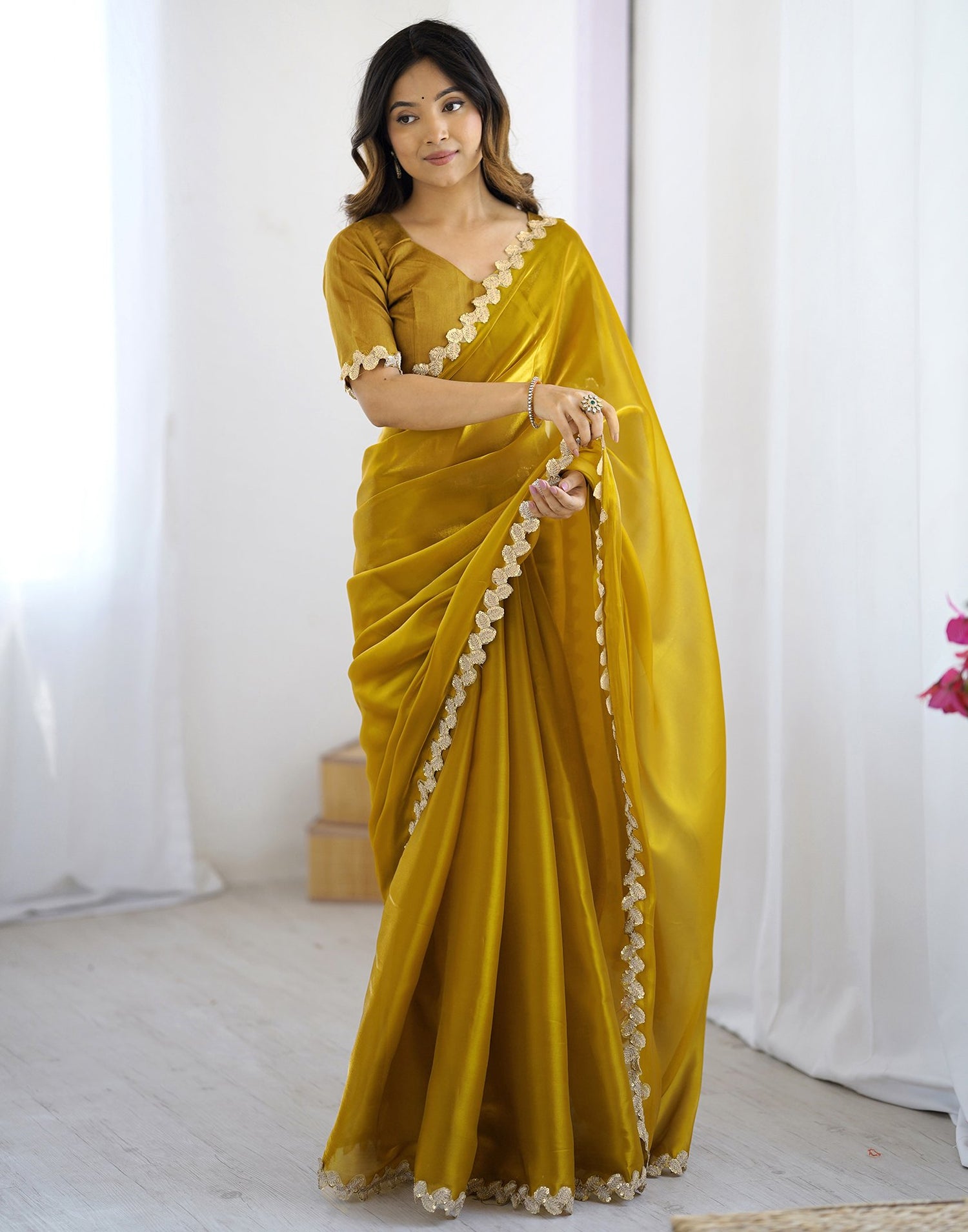 Yellow Tissue Silk Embroidery Lace Saree