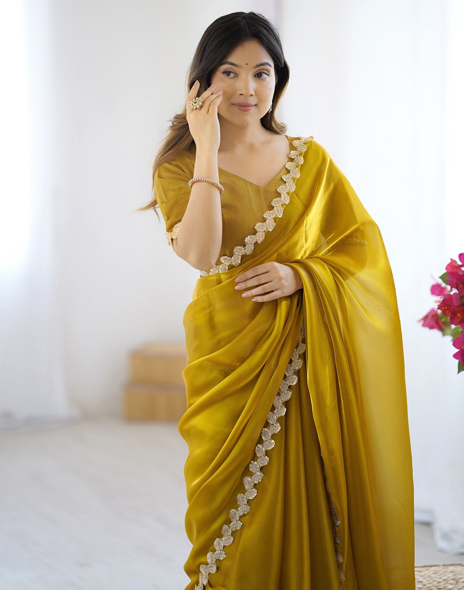 Yellow Tissue Silk Embroidery Lace Saree