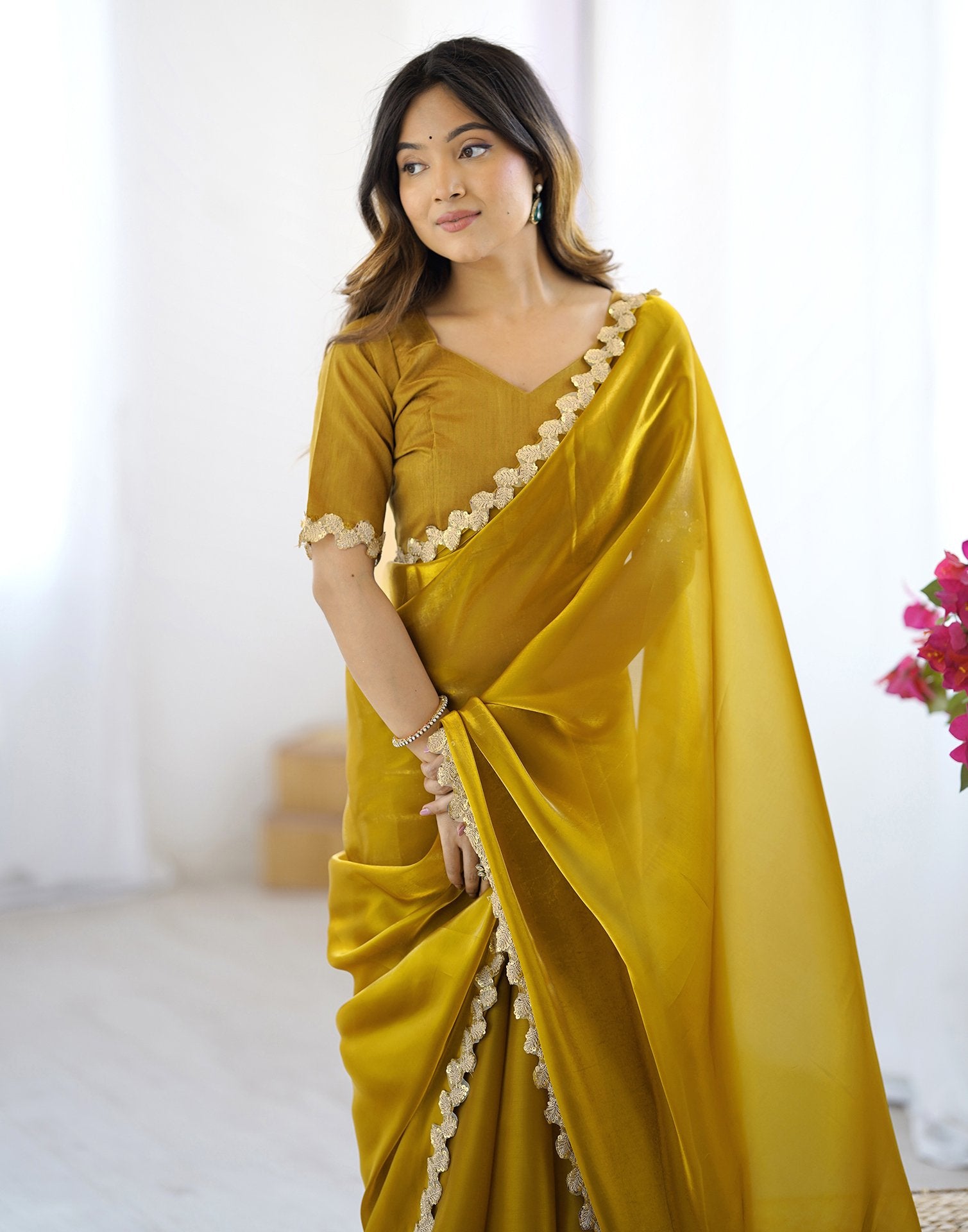Yellow Tissue Silk Embroidery Lace Saree