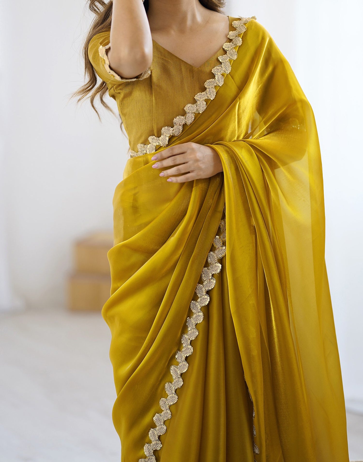 Yellow Tissue Silk Embroidery Lace Saree