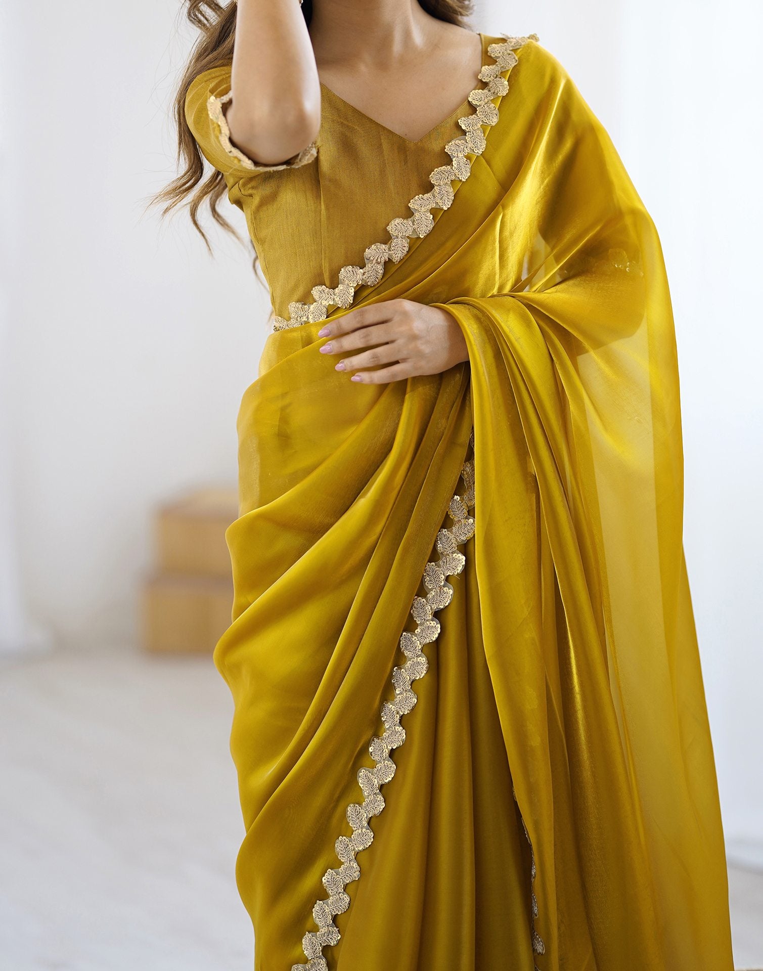 Yellow Tissue Silk Embroidery Lace Saree