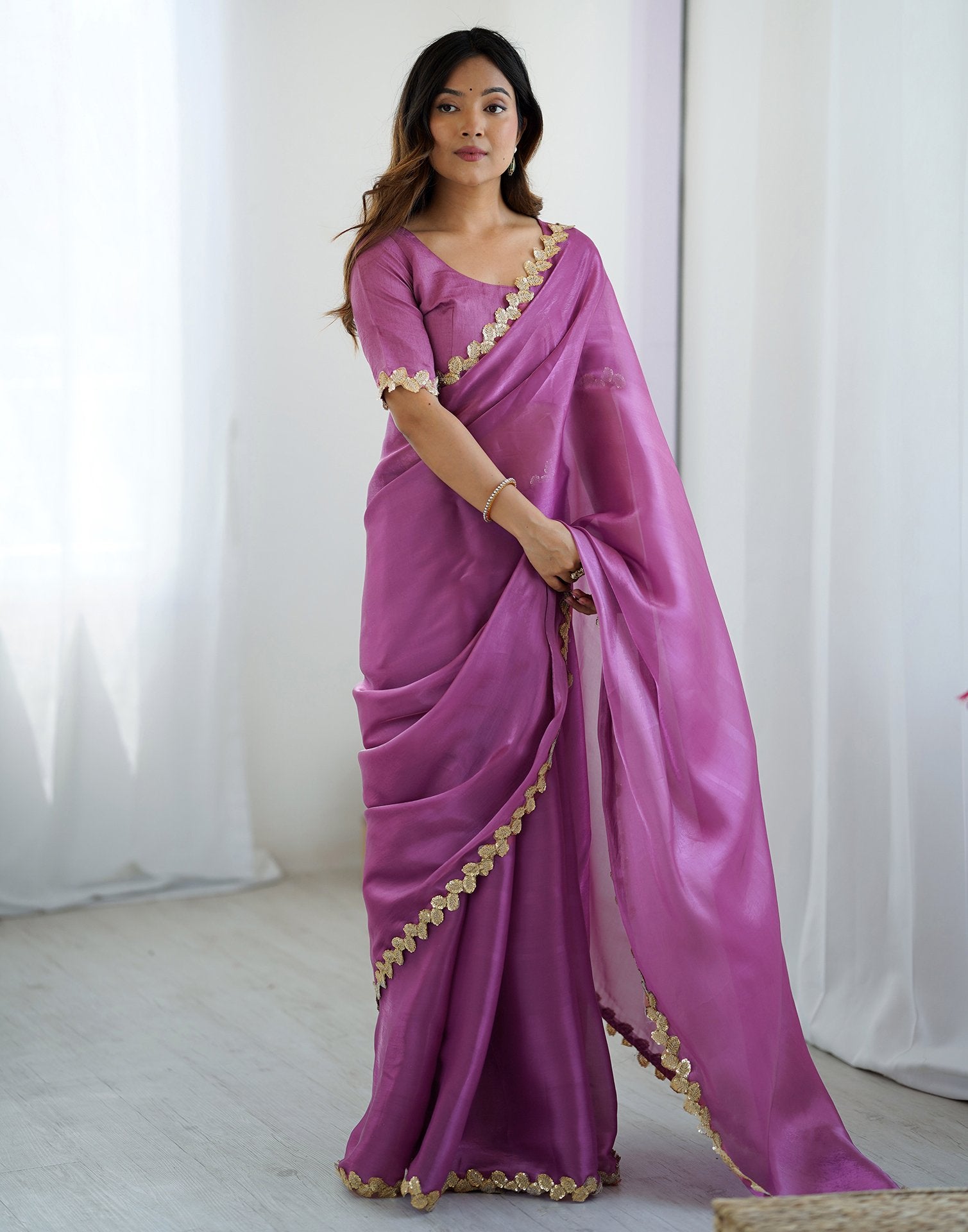 Purple Tissue Silk Embroidery Lace Saree
