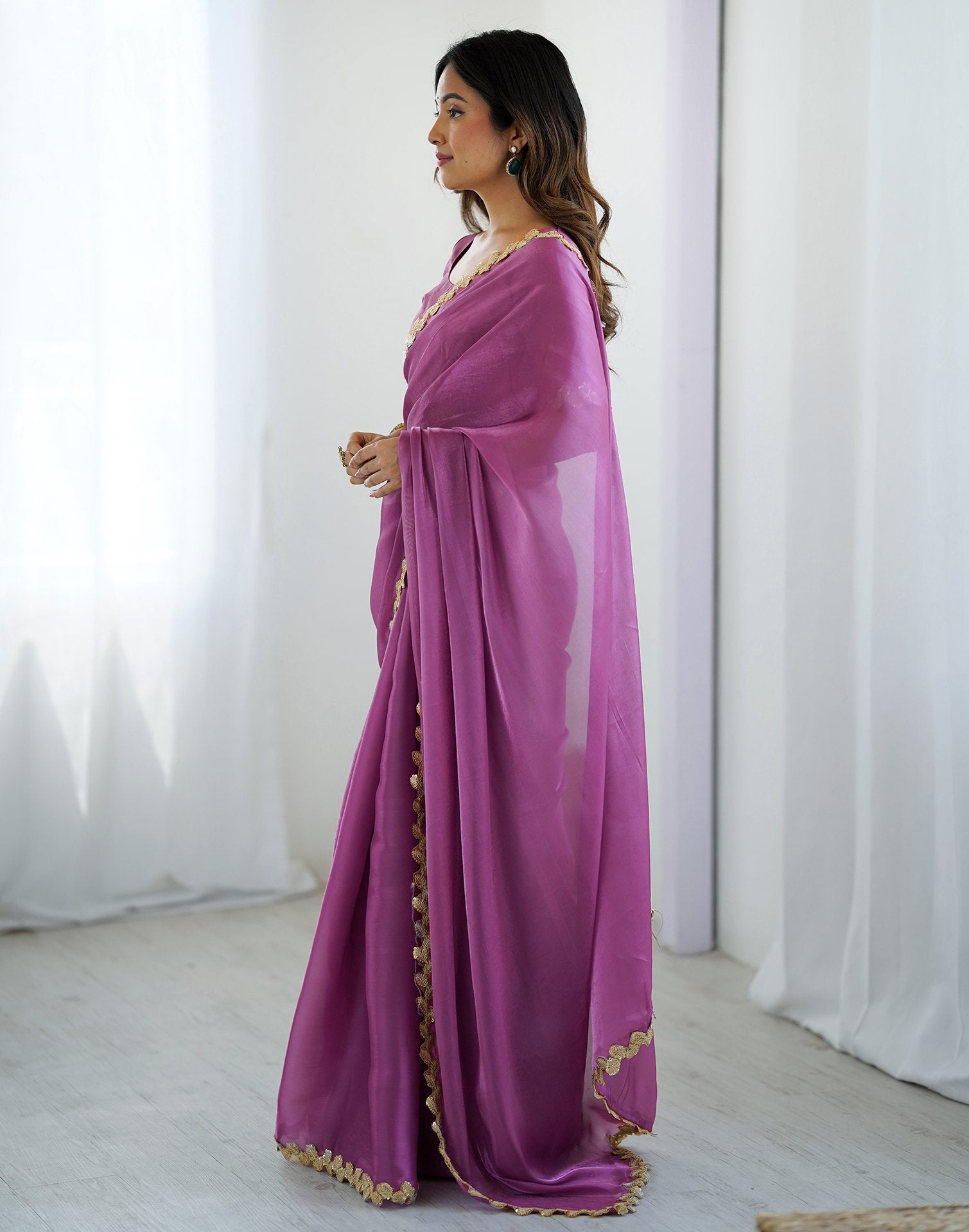 Purple Tissue Silk Embroidery Lace Saree