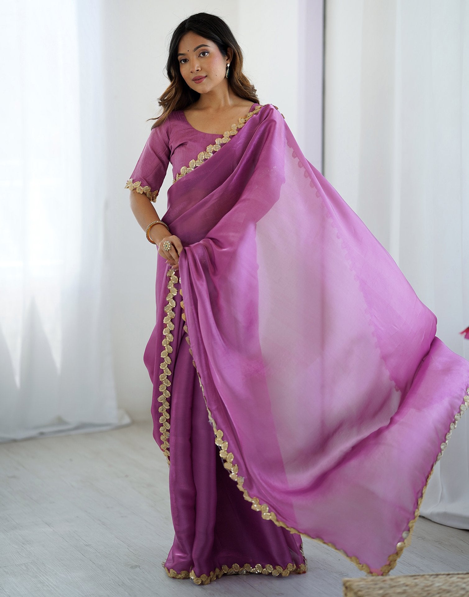 Purple Tissue Silk Embroidery Lace Saree