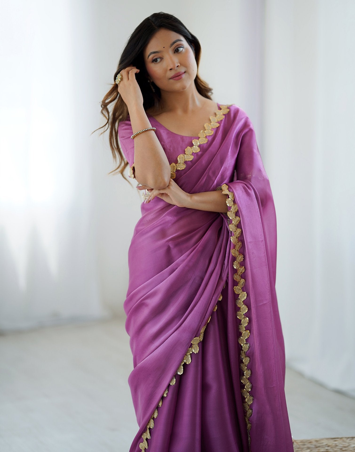 Purple Tissue Silk Embroidery Lace Saree