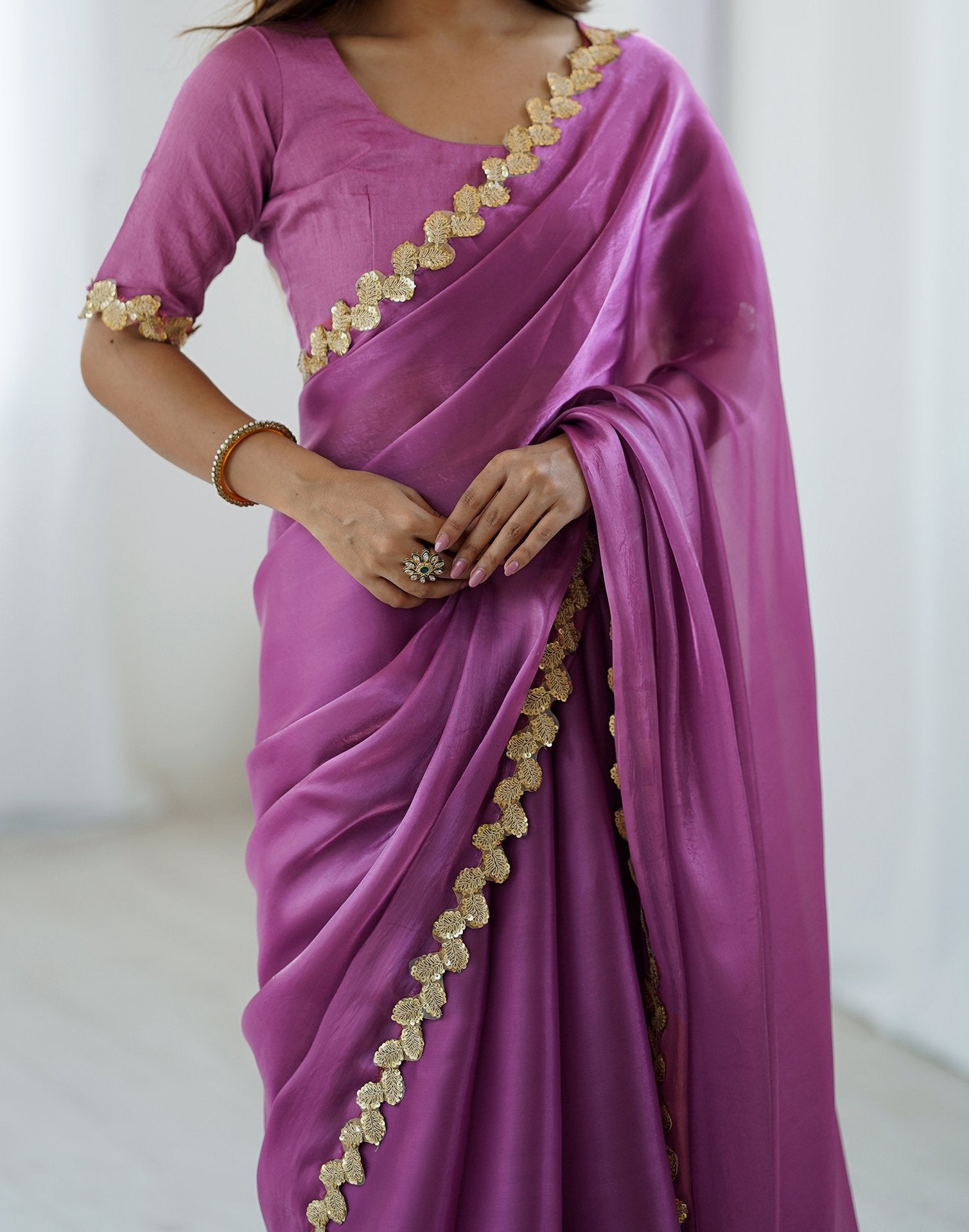 Purple Tissue Silk Embroidery Lace Saree