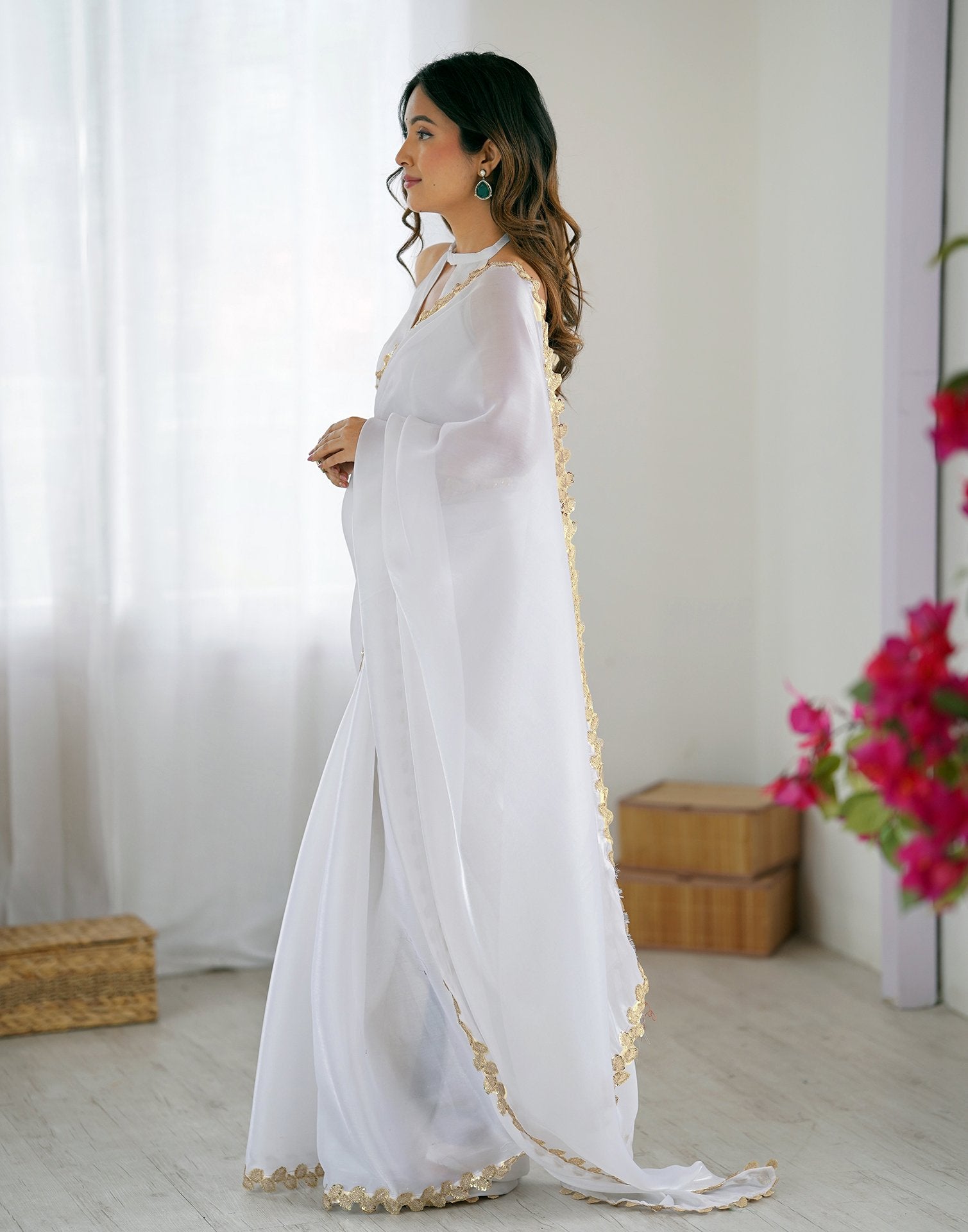 White Tissue Silk Embroidery Lace Saree