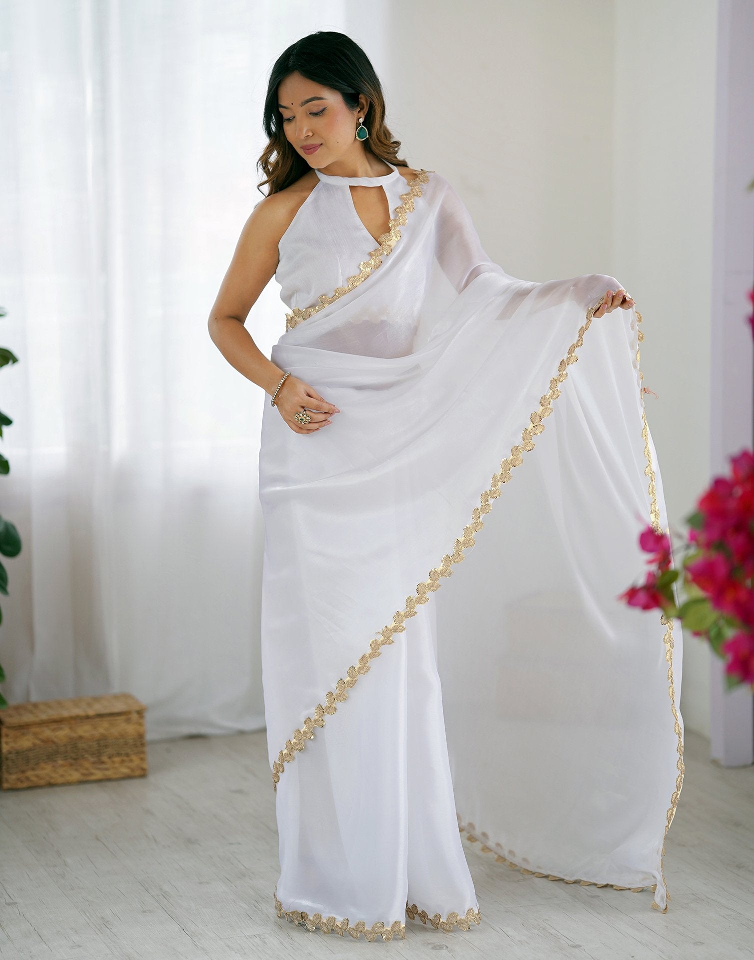 White Tissue Silk Embroidery Lace Saree