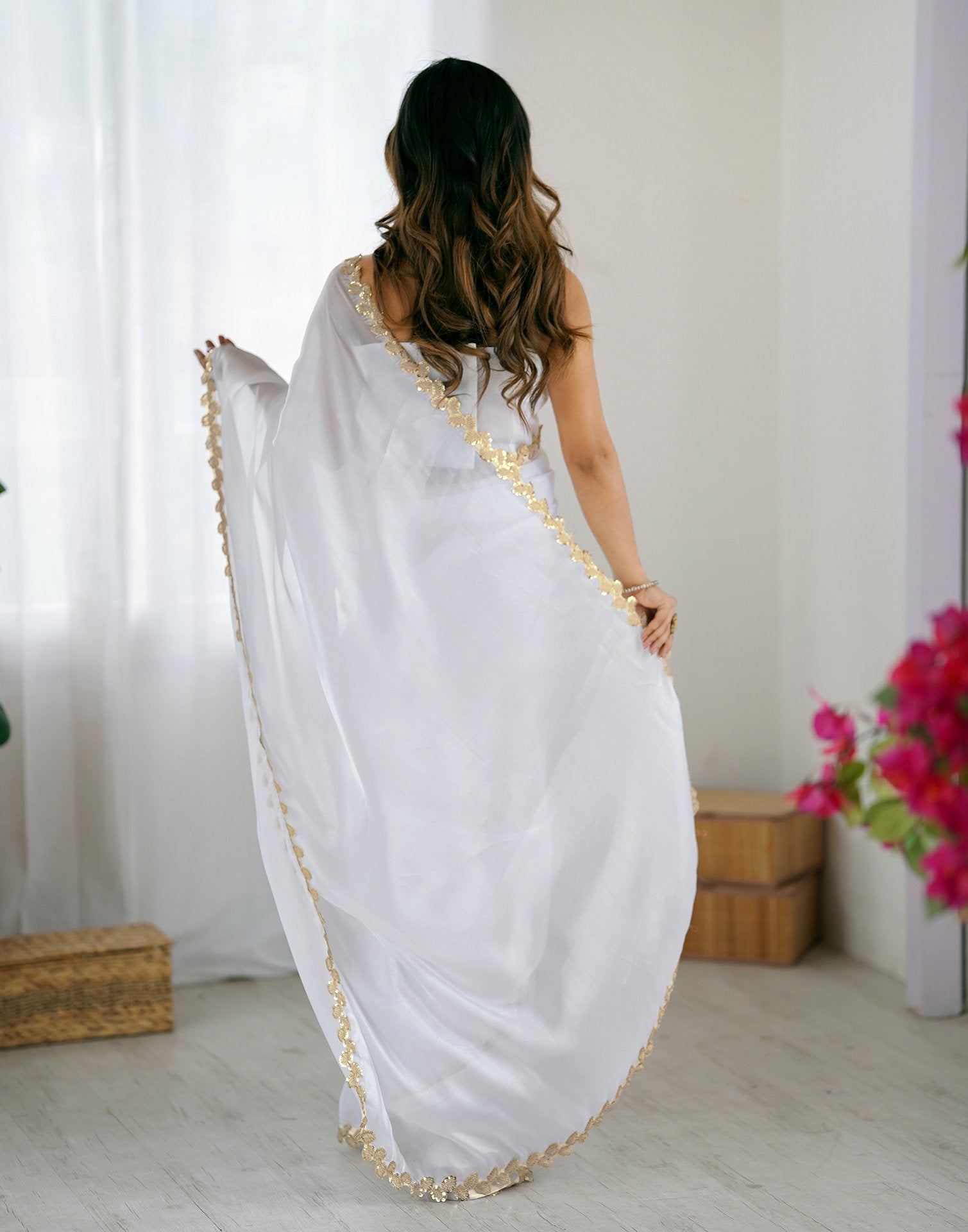 White Tissue Silk Embroidery Lace Saree