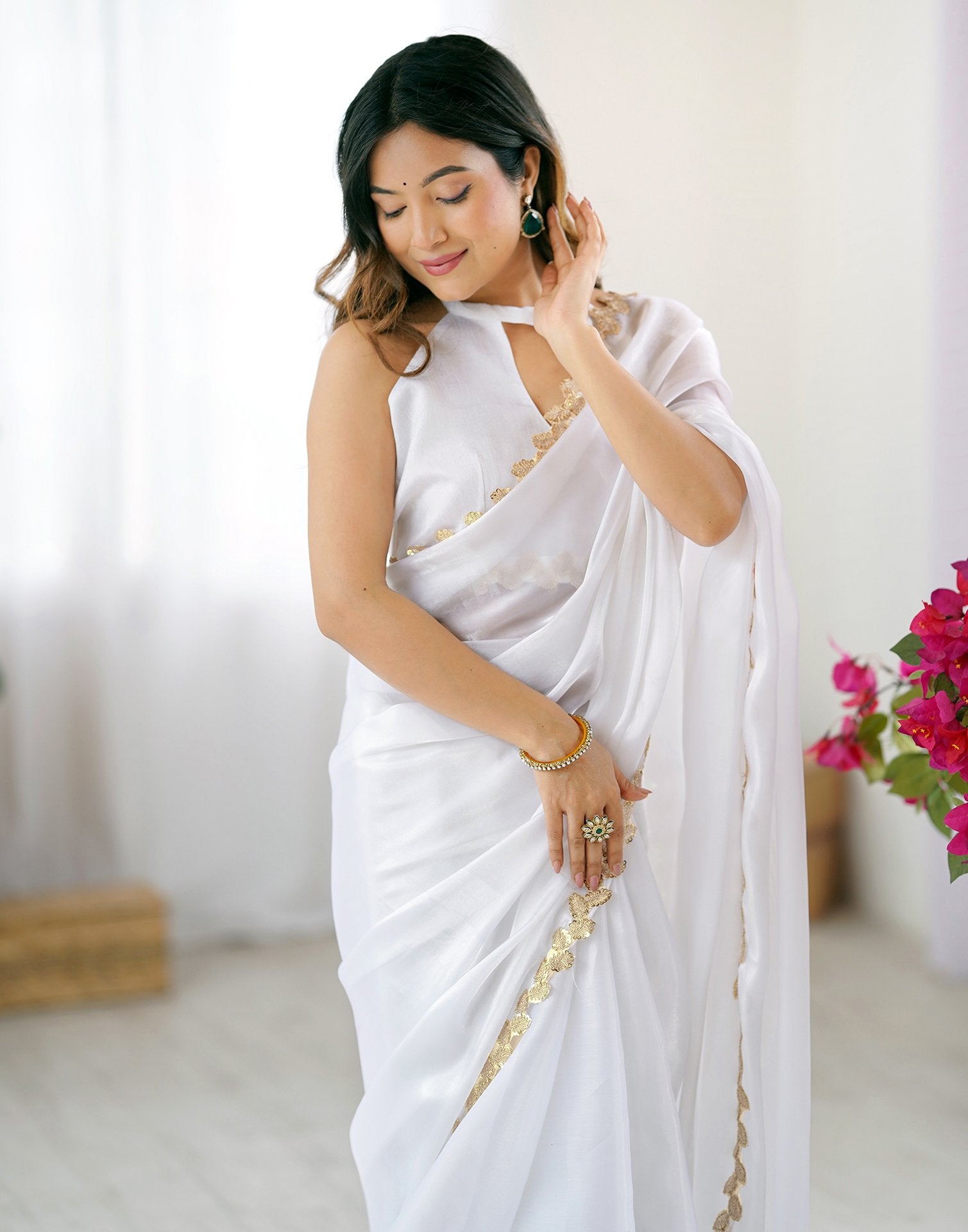 White Tissue Silk Embroidery Lace Saree