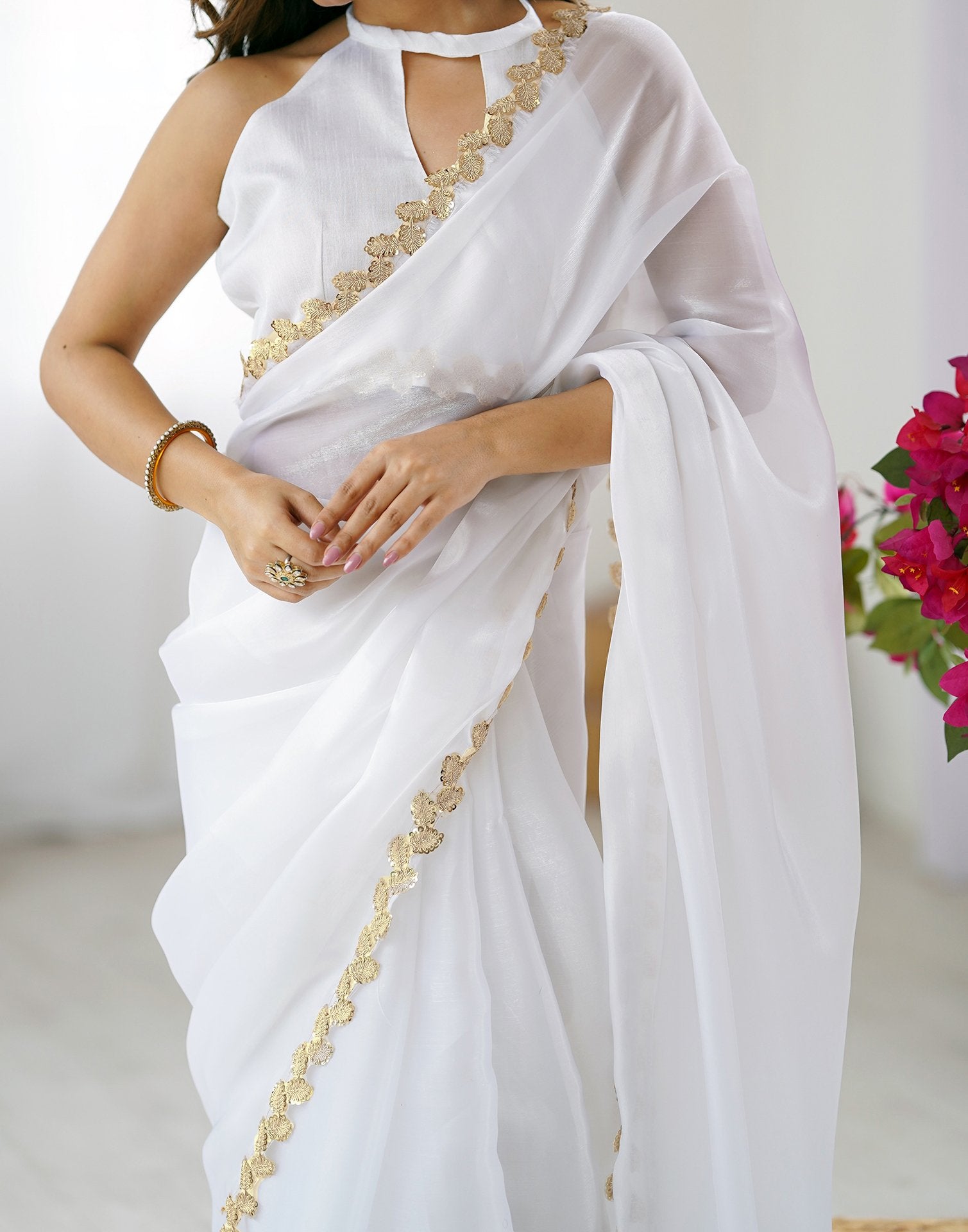 White Tissue Silk Embroidery Lace Saree