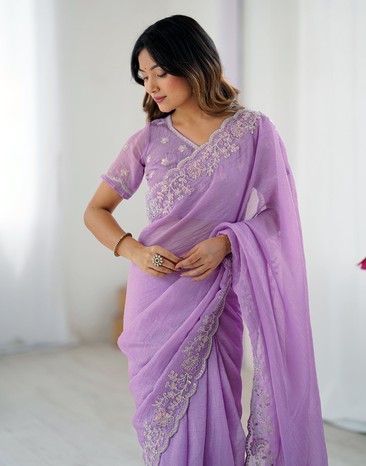 Purple Chiffon Embroidery Saree
