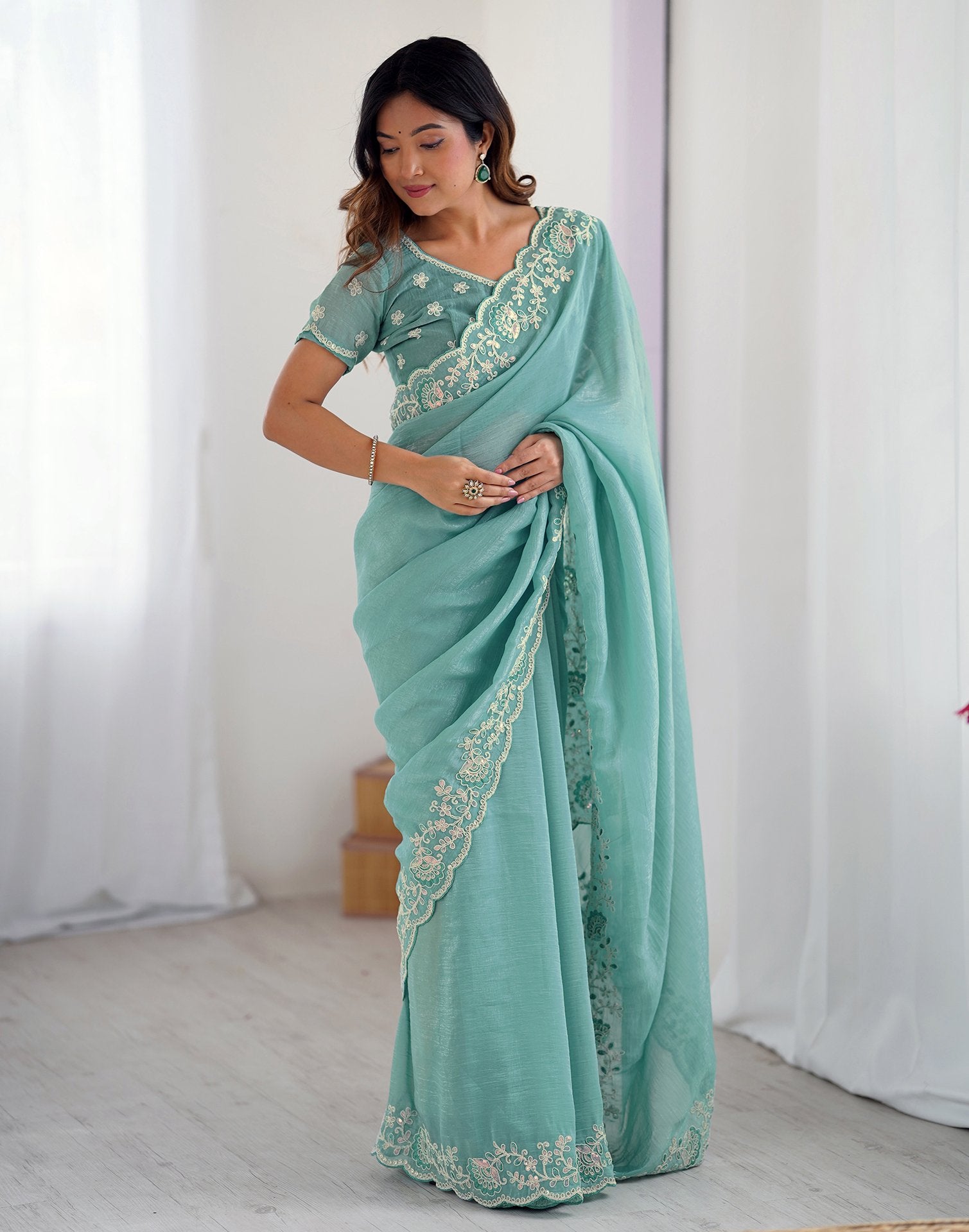 Blue Chiffon Embroidery Saree