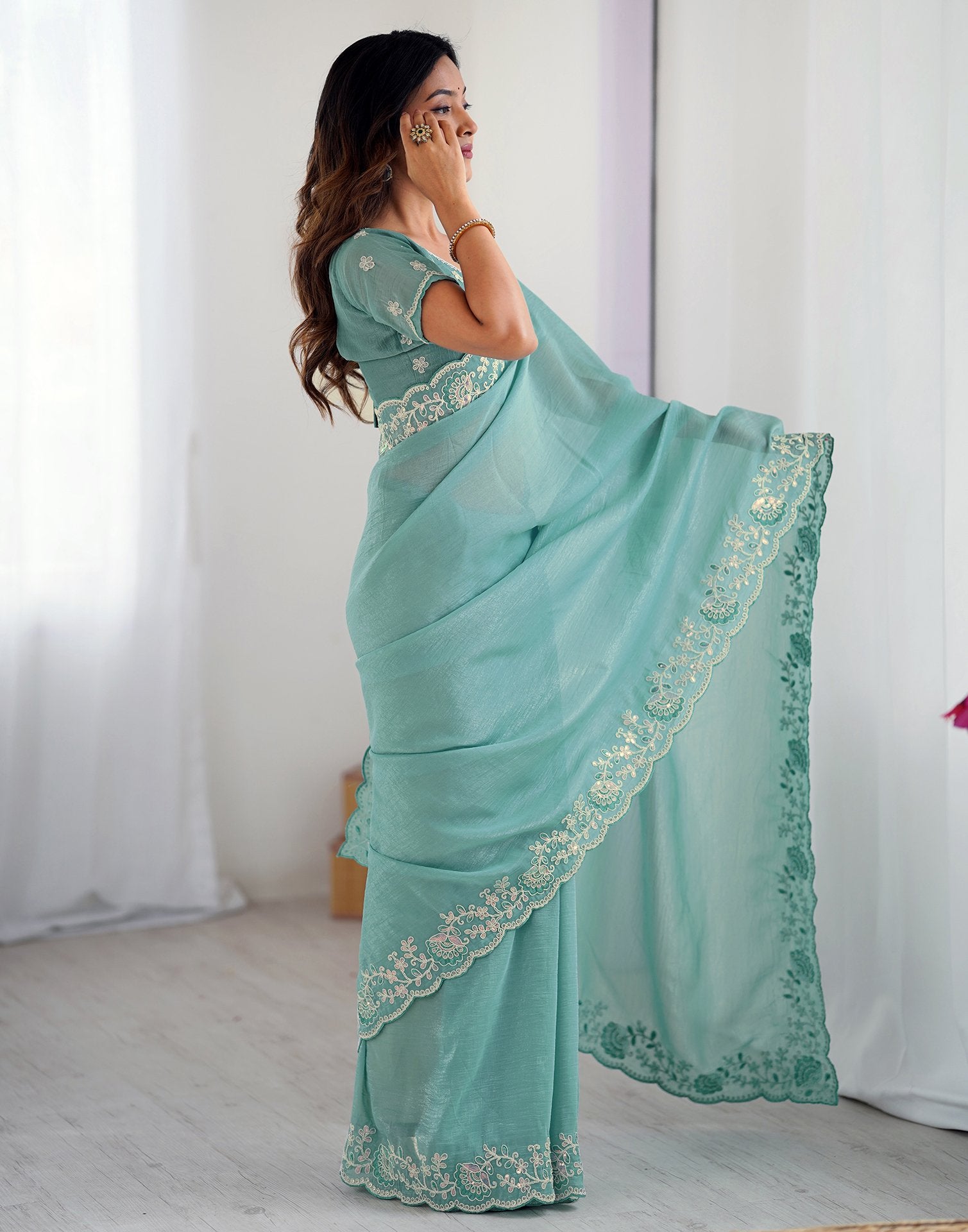 Blue Chiffon Embroidery Saree