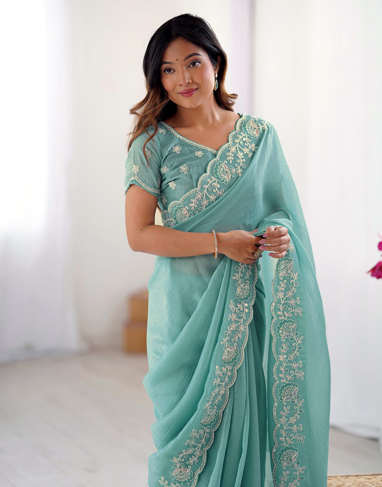 Blue Chiffon Embroidery Saree
