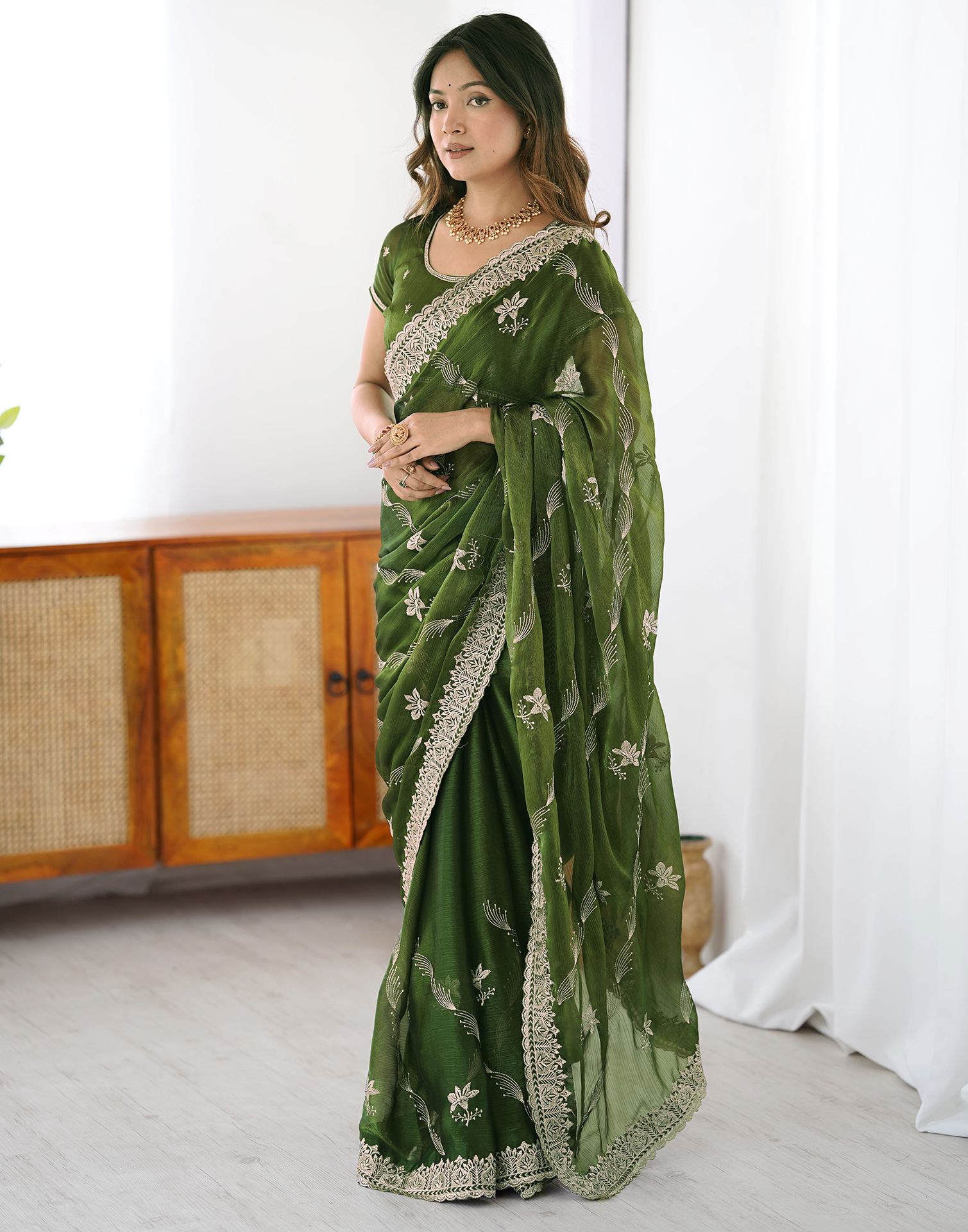 Green Chiffon Embroidery Saree