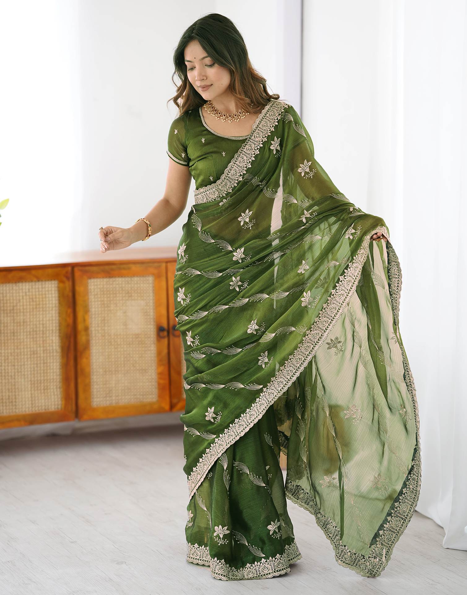 Green Chiffon Embroidery Saree
