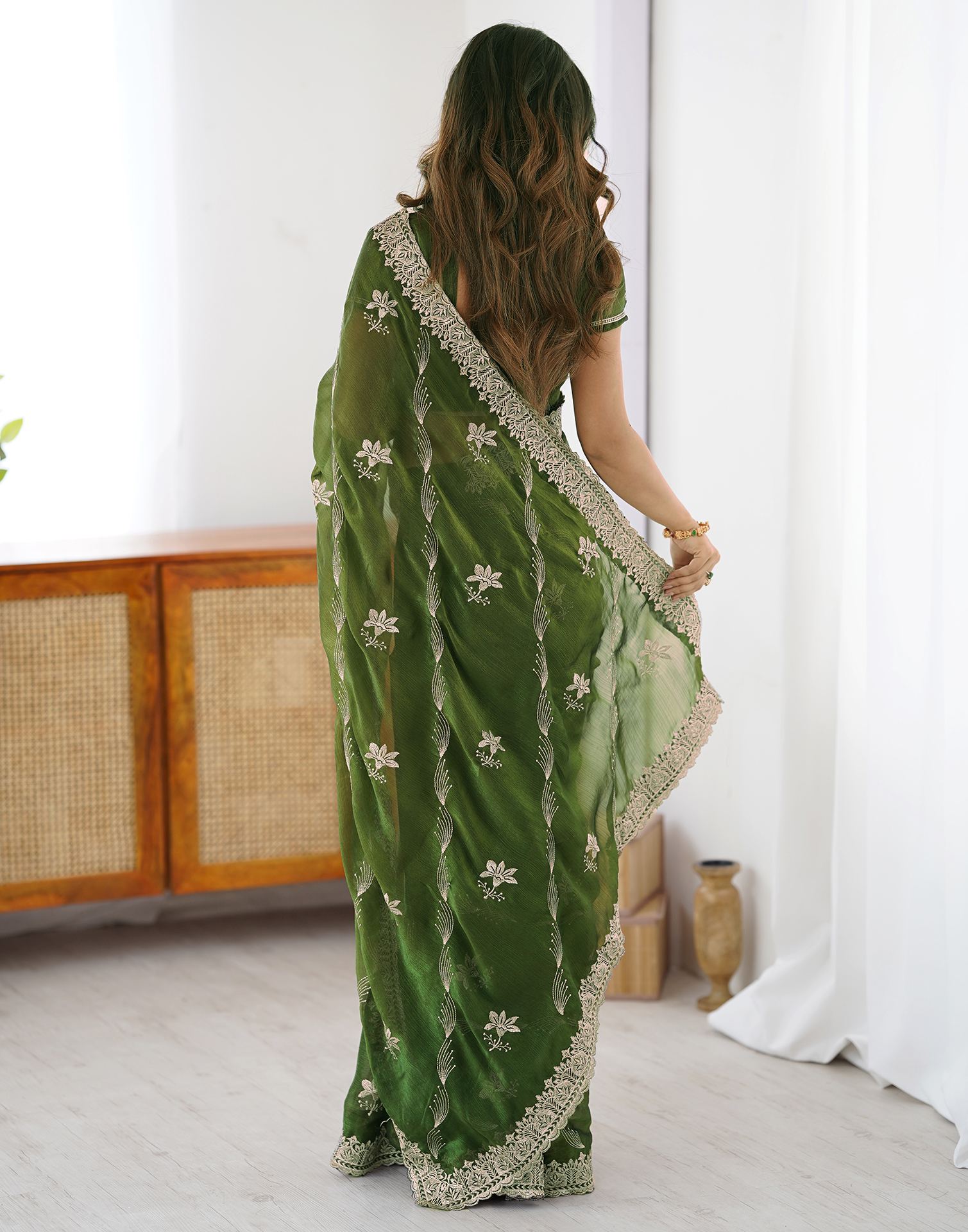 Green Chiffon Embroidery Saree