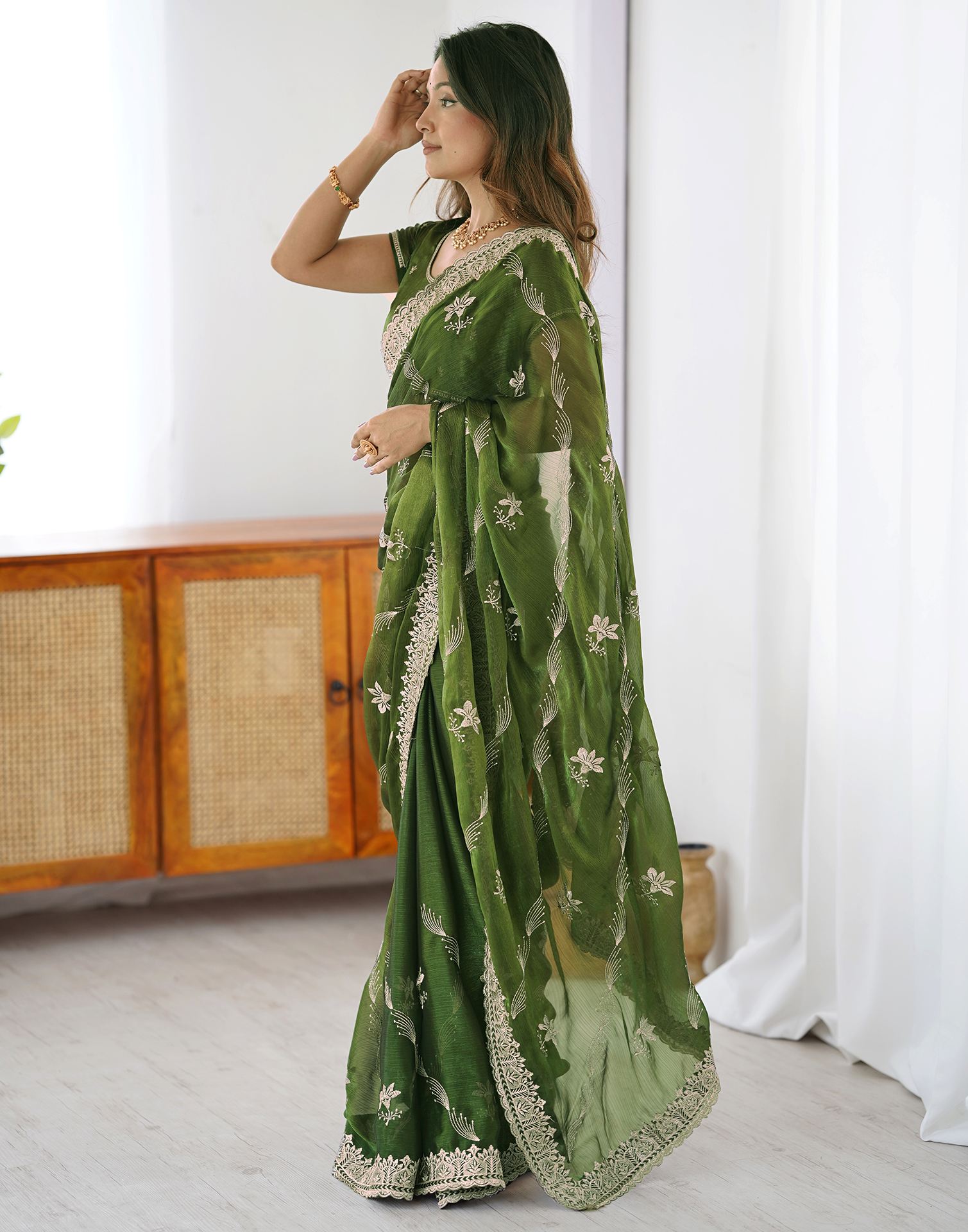 Green Chiffon Embroidery Saree