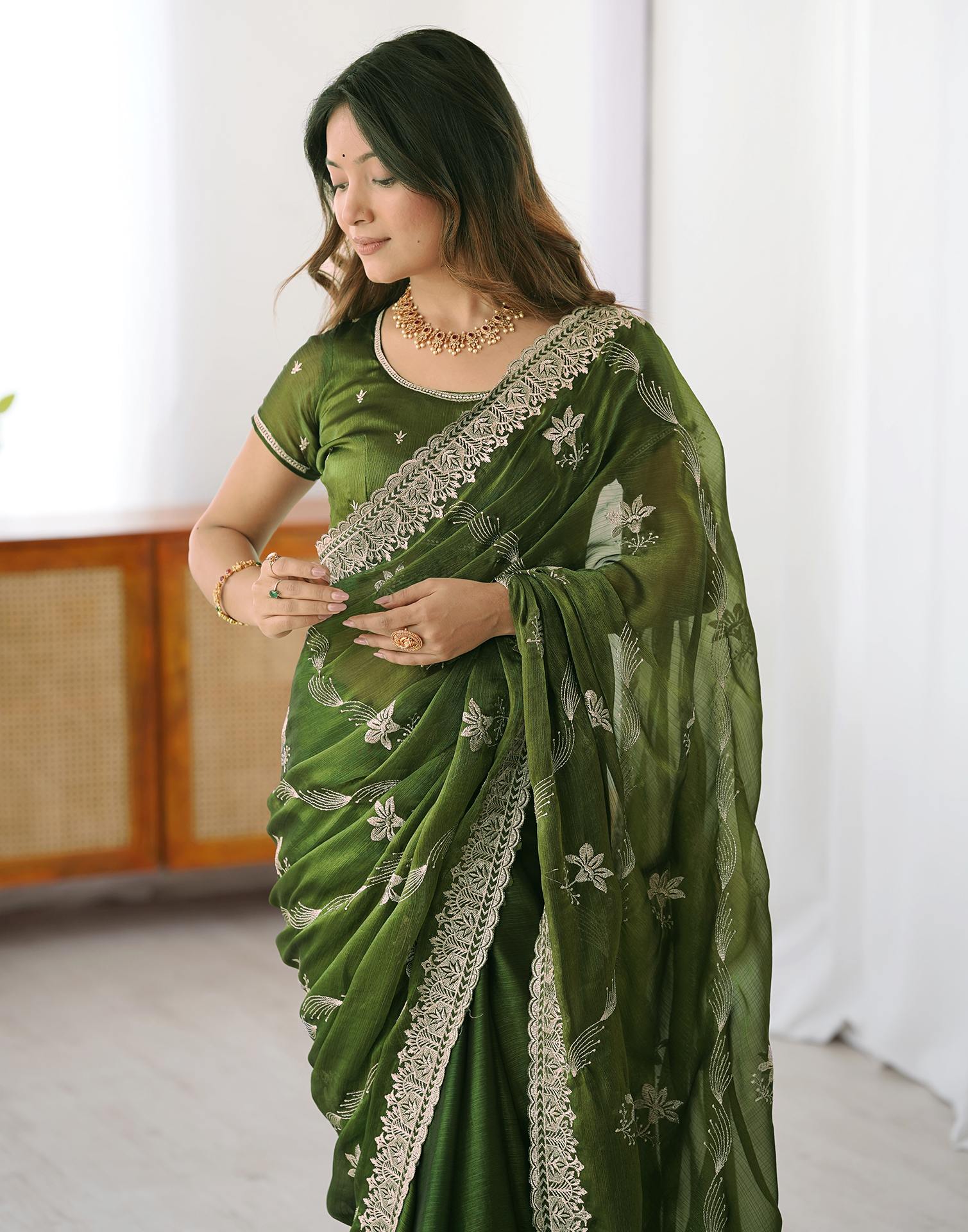 Green Chiffon Embroidery Saree