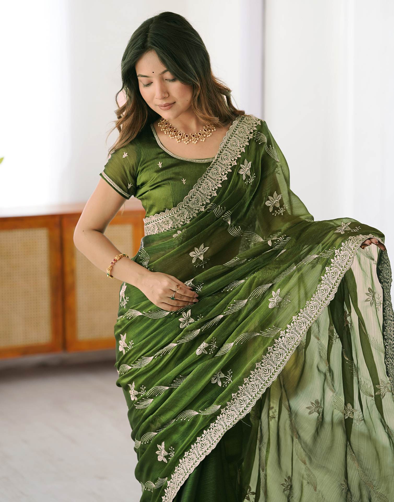 Green Chiffon Embroidery Saree